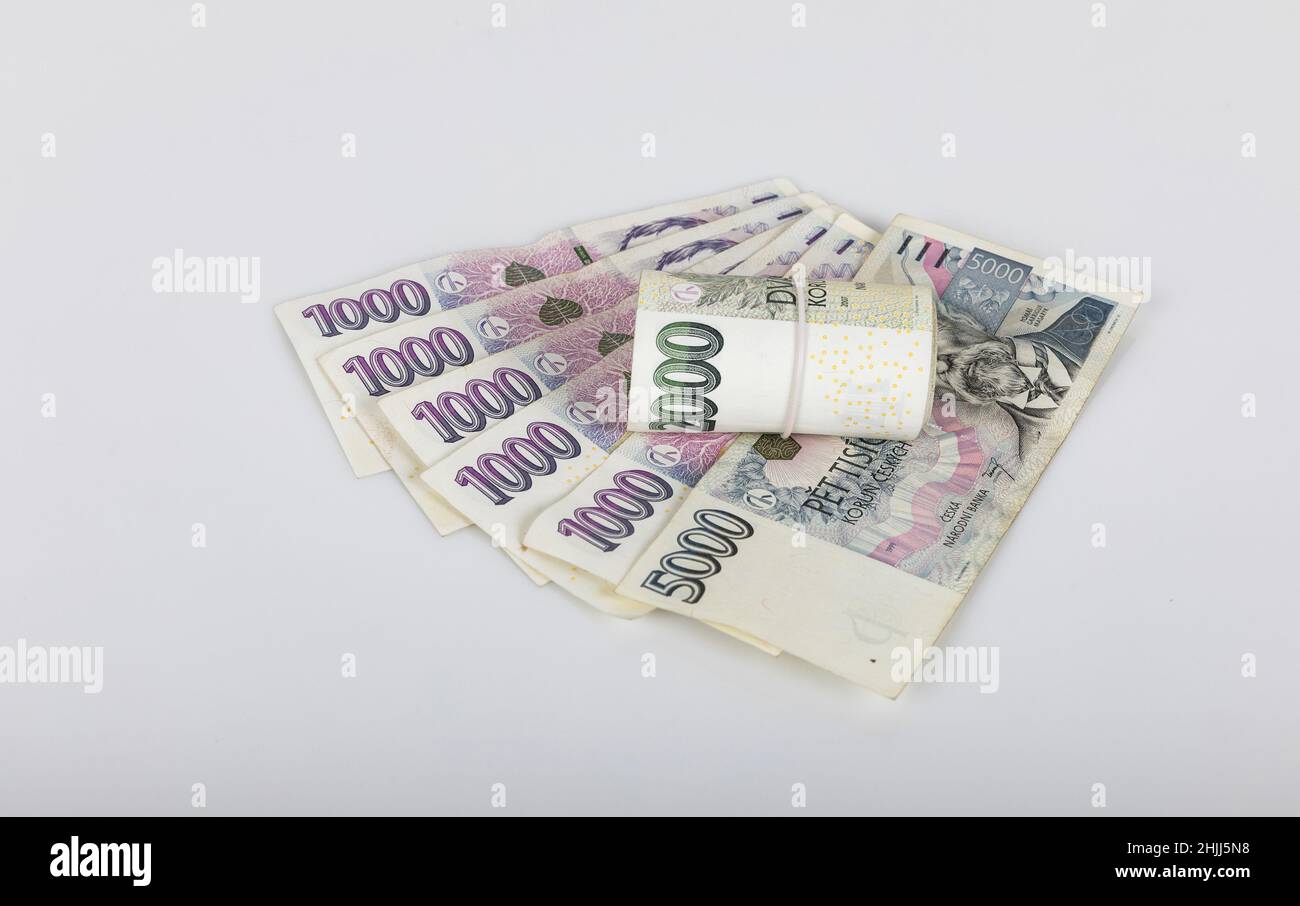 Czech two thousand banknotes on the table. Financial concept in Czech currency. Financial concept in Czech currency. business, finance, saving and cas Stock Photo