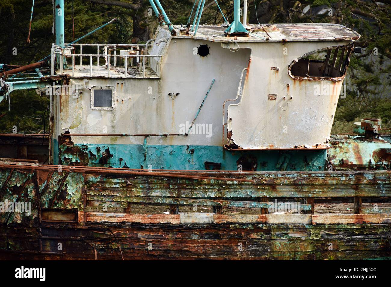 A wooden fishing boat wreck in the naval cemetery of Biden, Brittany. Stock Photo