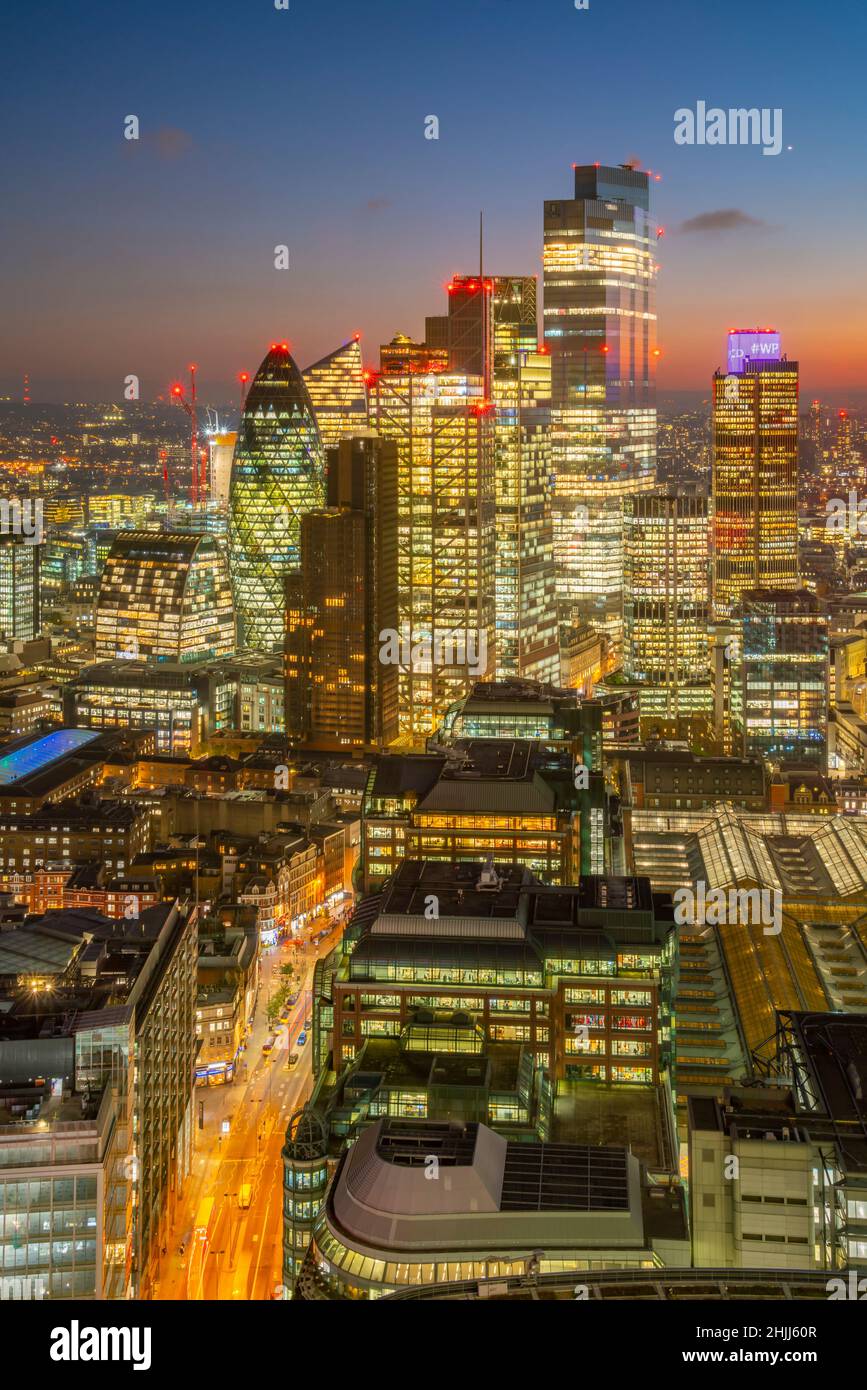 View of City of London at dusk from the Principal Tower, London, England, United Kingdom, Europe Stock Photo