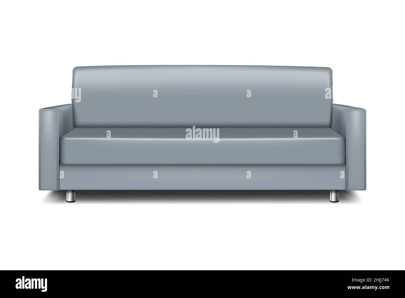 Gray modern sofa - realistic vector illustration. Grey leather couch with metal legs Stock Vector