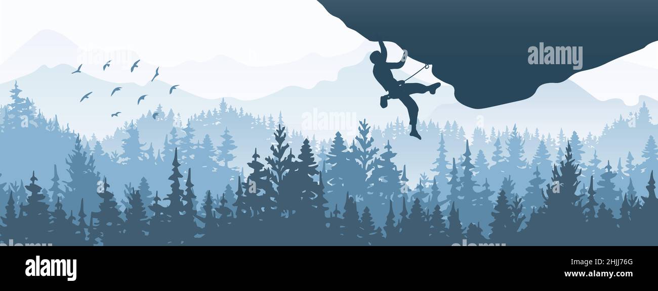 Silhouette of rock climber climbing overhang. Forest and mountains in ...