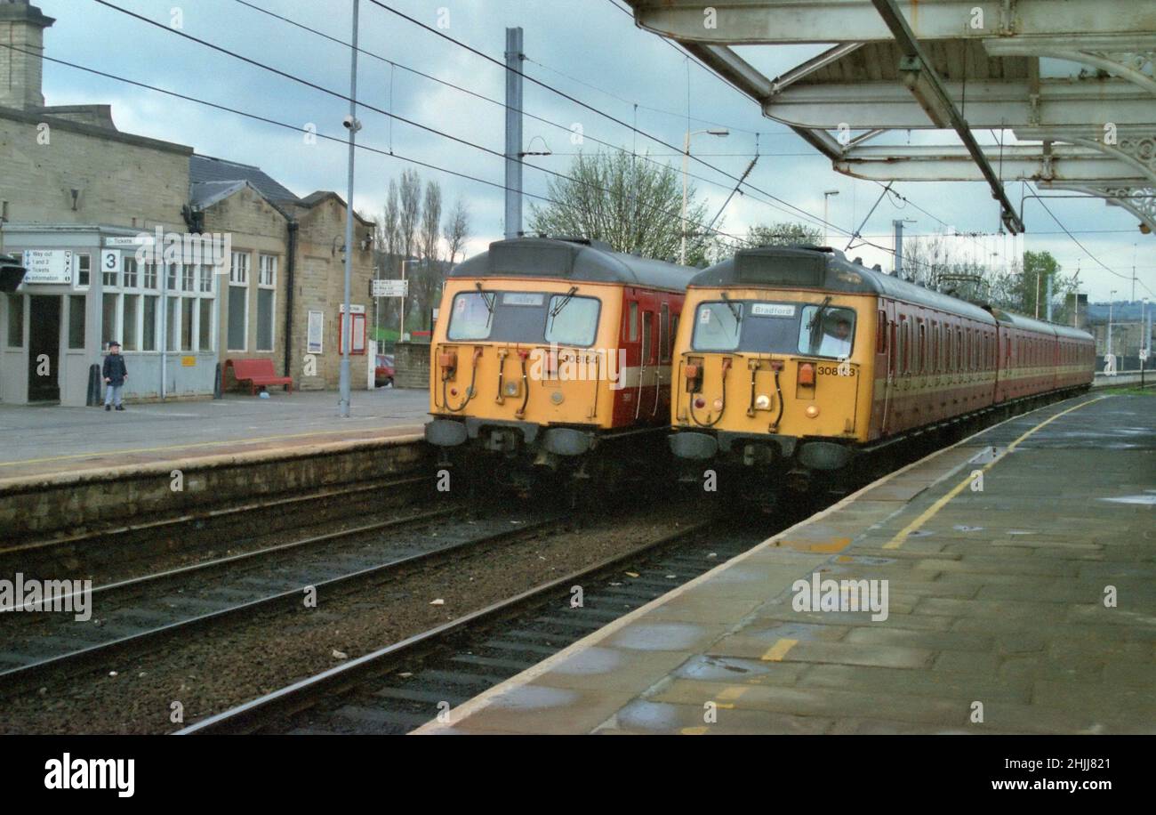 Class 308 Electric Multiple Units at Shipley Station on the service between Bradford and Ilkley in the late 1990's after electrification of the line Stock Photo