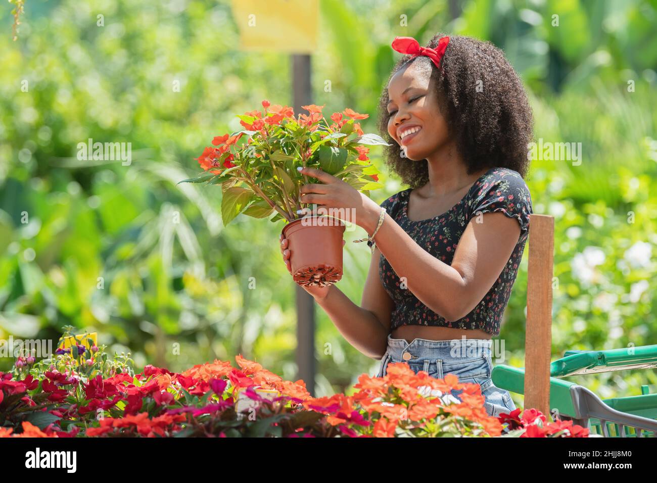 Woman smiling while shopping flowers. Selective focus Stock Photo
