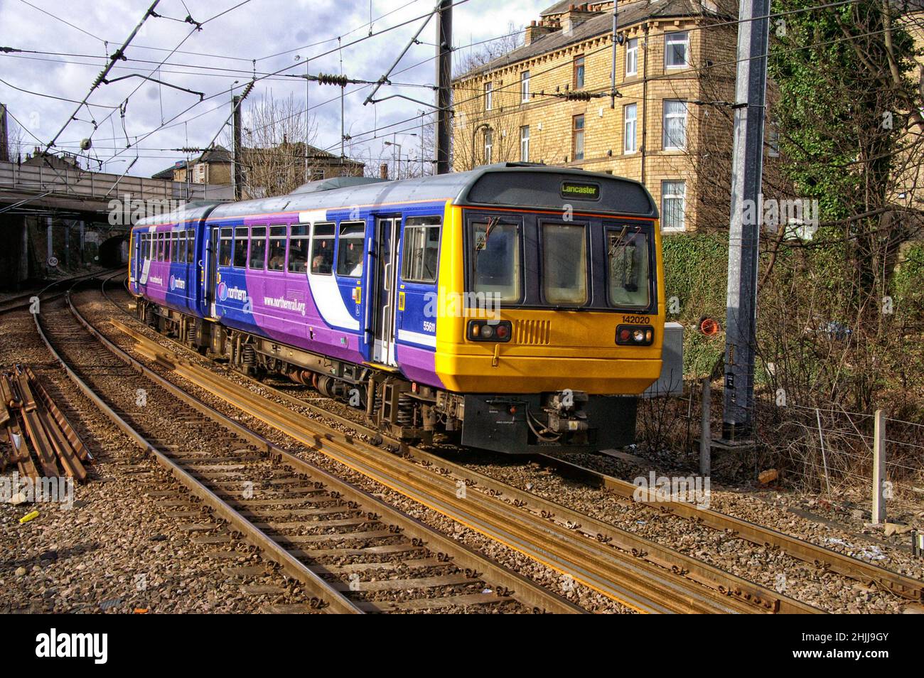 Pacer Diesel Railcar No142020 approaching Shipley Station with a train from Lancaster 1st March 2008 Stock Photo
