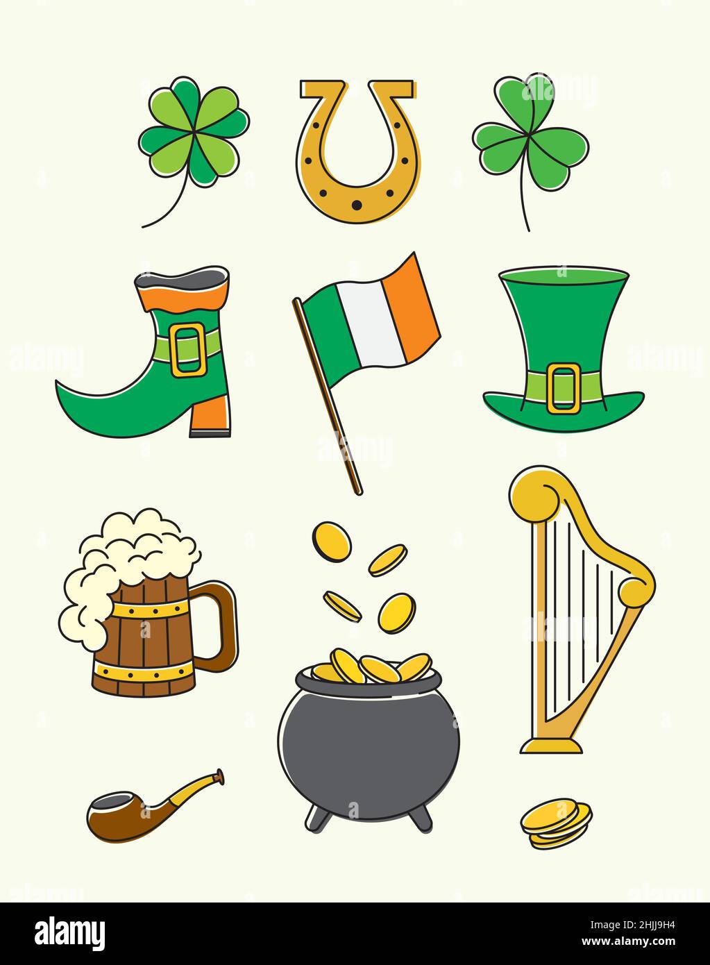 Bright line art set of clover, pot, coins, flag, shoes, ale. St Patricks day symbols collection Stock Vector