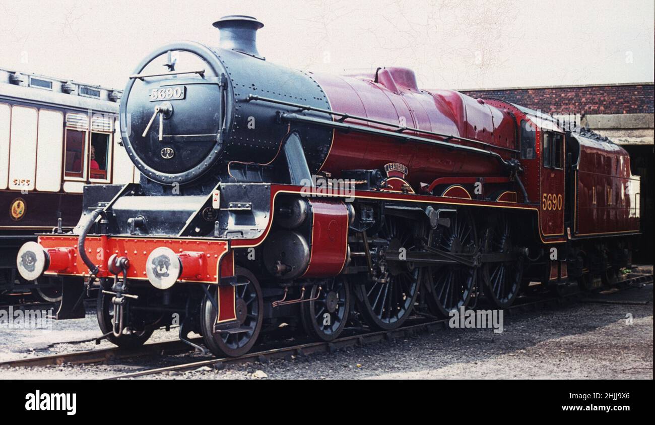 LMS Jubilee Class 5690 4-6-0 Leander seen at former Steamtown Carnforth before Steamtown closed as a visitor attraction and to the public in 1998 Stock Photo