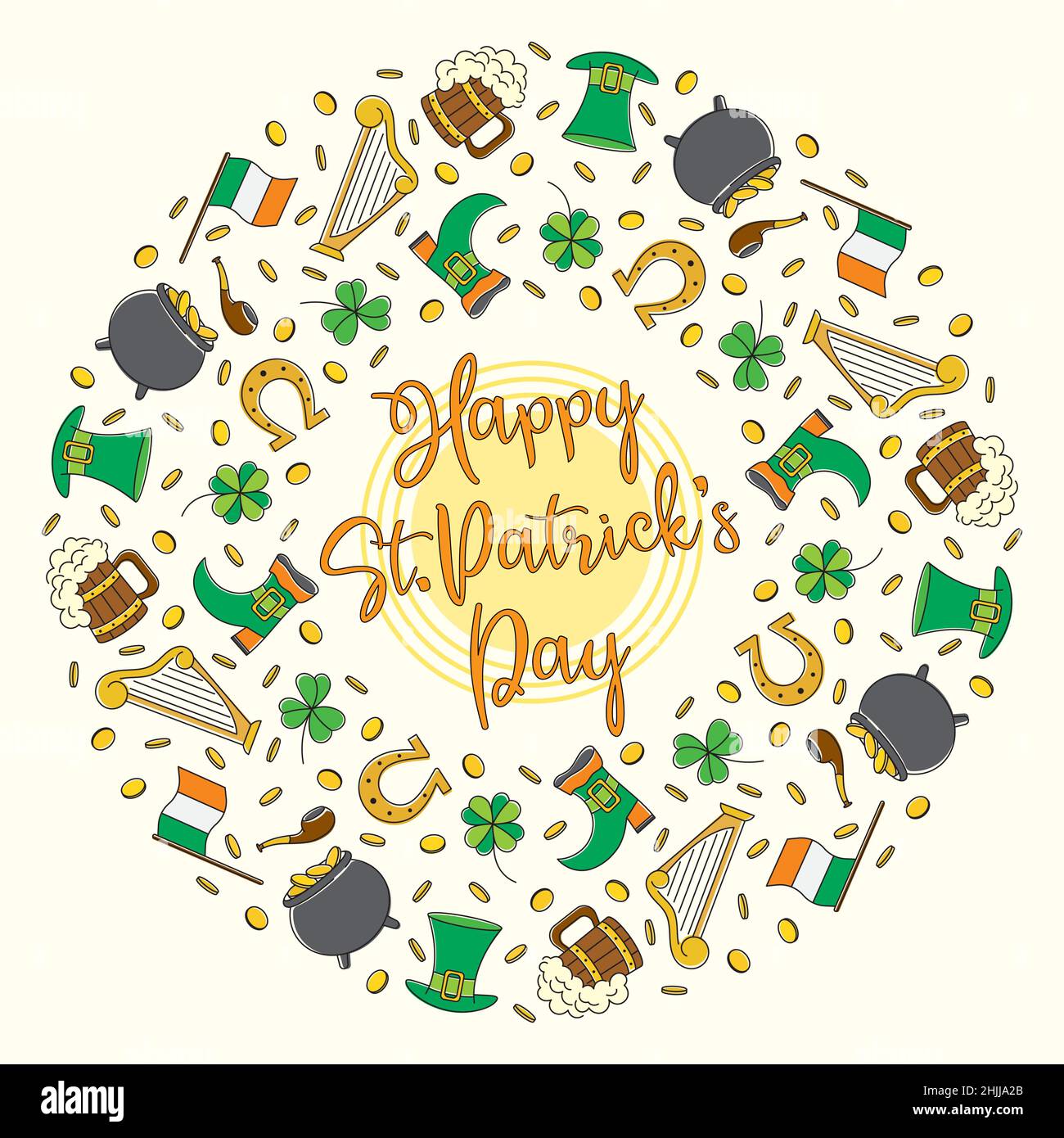 Bright line art round wreath of St Patricks day symbols happy St Patricks day congratulations Stock Vector