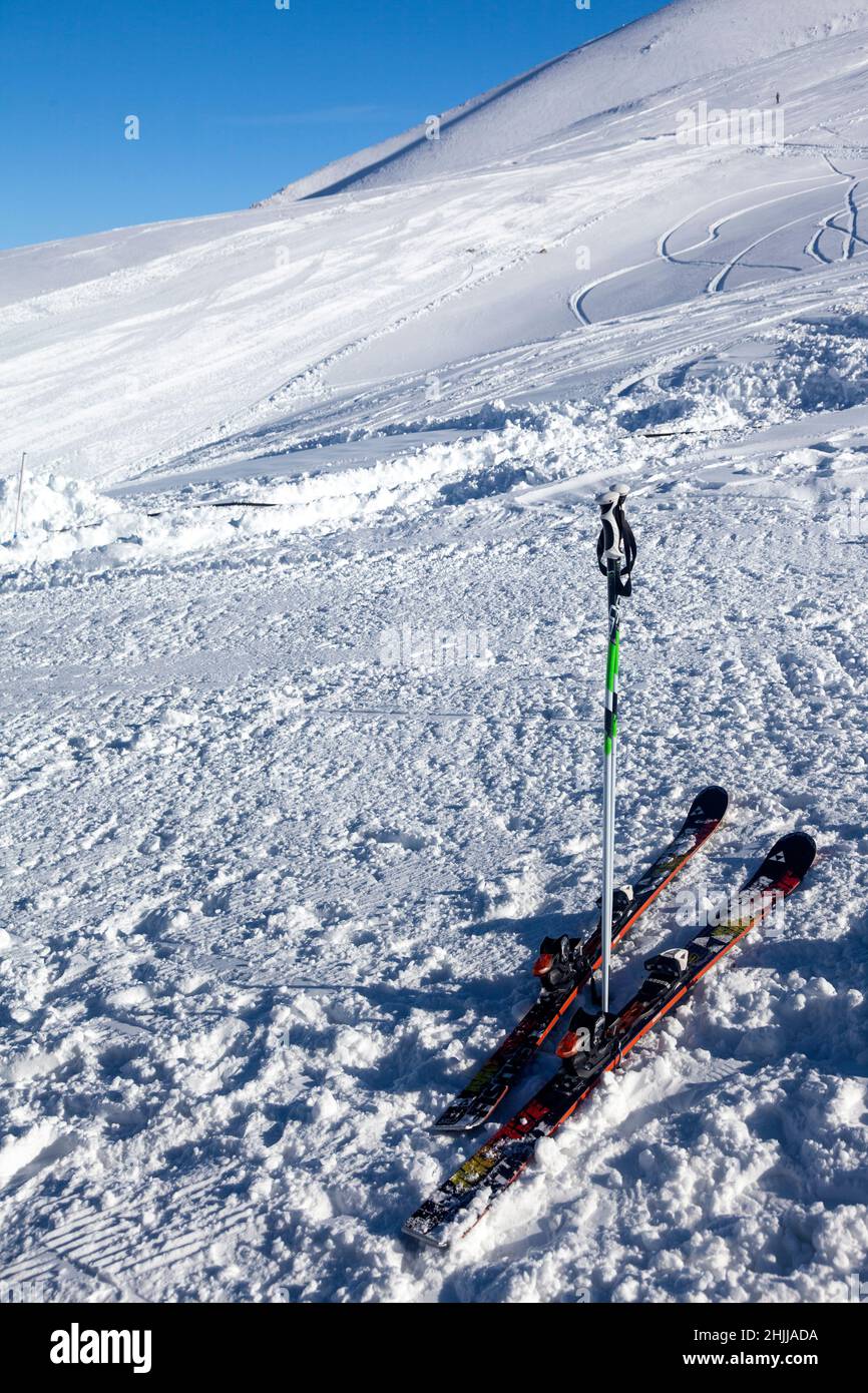 Set of skiis in a ski center, in the mountainous region of Evritania, in Central Greece, Europe. Stock Photo