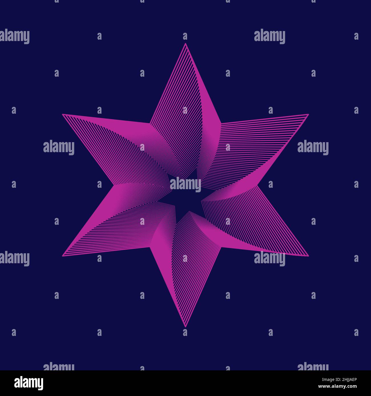 Abstract star shape on dark blue background. Purple wireframe star made of lines. Six pointed geometric star figure. Pink logo template. Vector Stock Vector