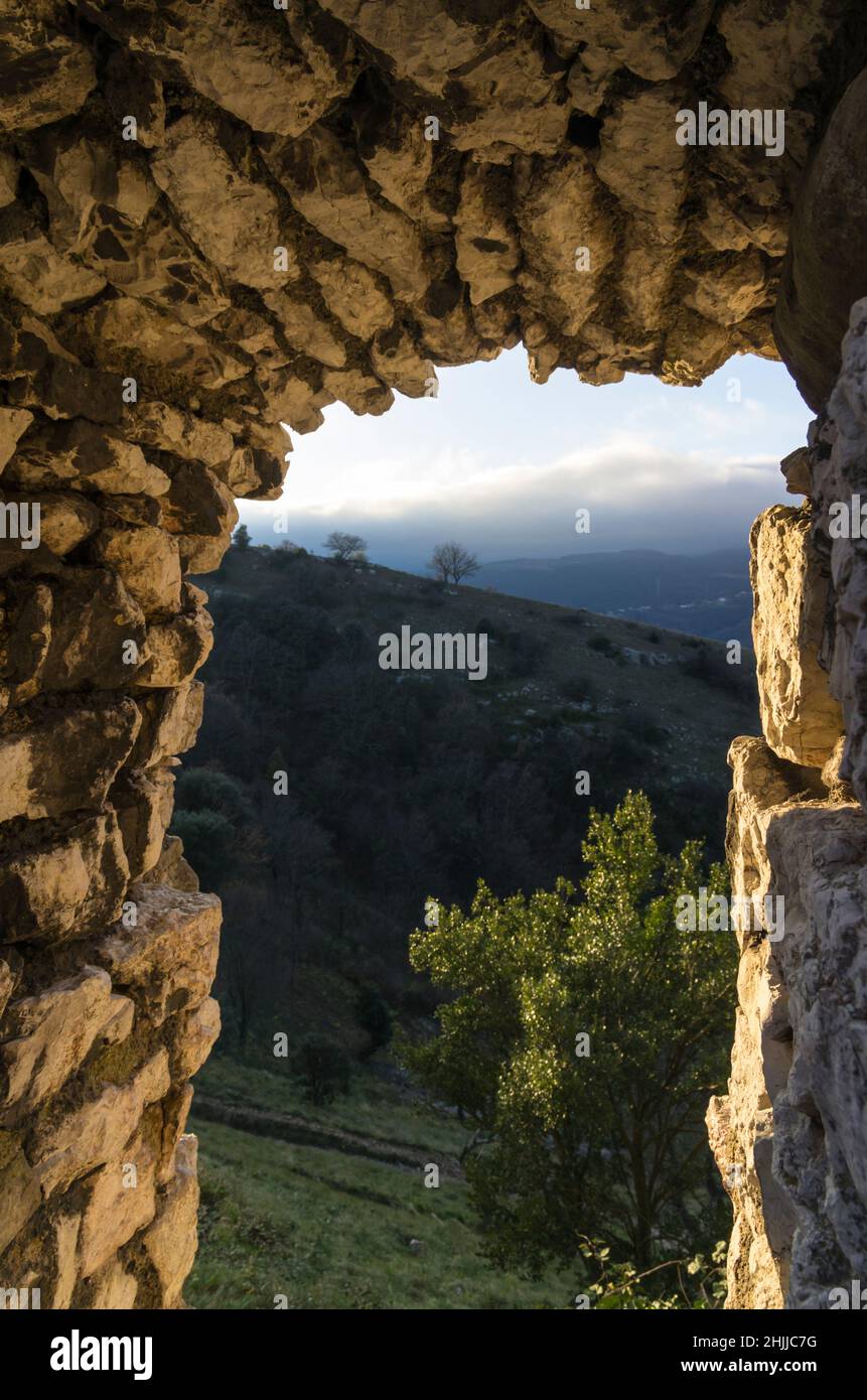 Medieval Castle of Crussol,Guilherang granges near Valence, Rhone Valley, Ardeche, Rhone ALpes, France, EUrope Stock Photo