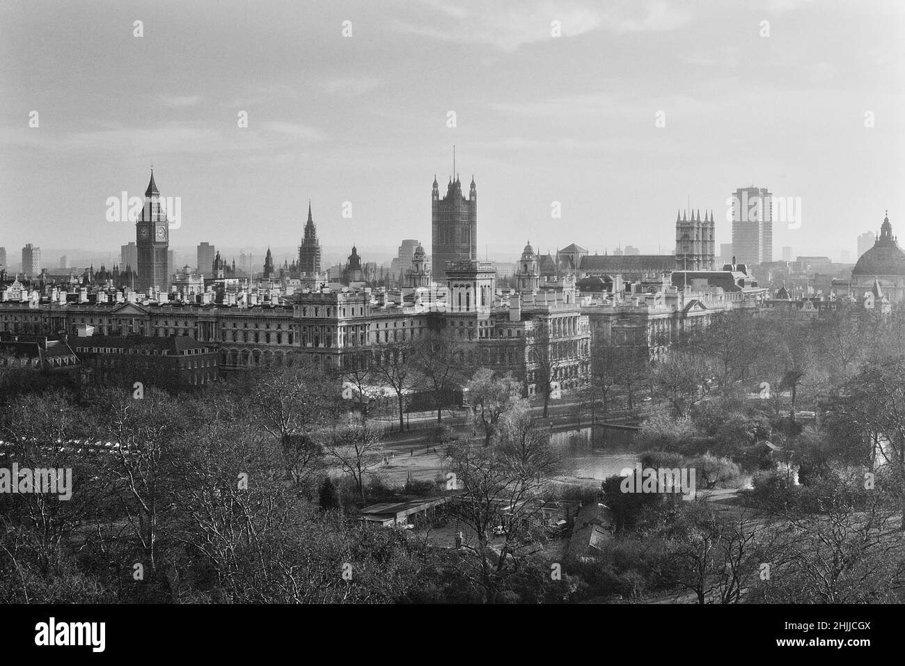 Skyline of Whitehall, taken from the Duke of York Monument, London, England. Circa 1980s Stock Photo