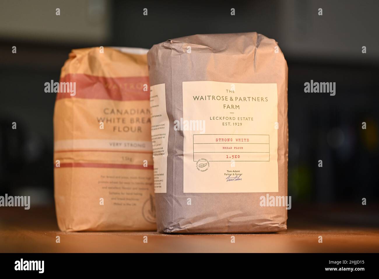 Waitrose and Partners Farm strong white and Canadian flour. London. UK