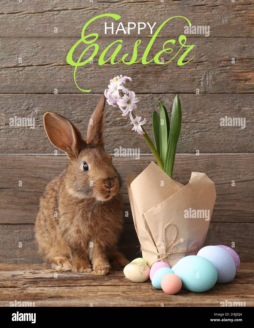 Beautiful greeting card for Happy Easter with cute rabbit and eggs ...