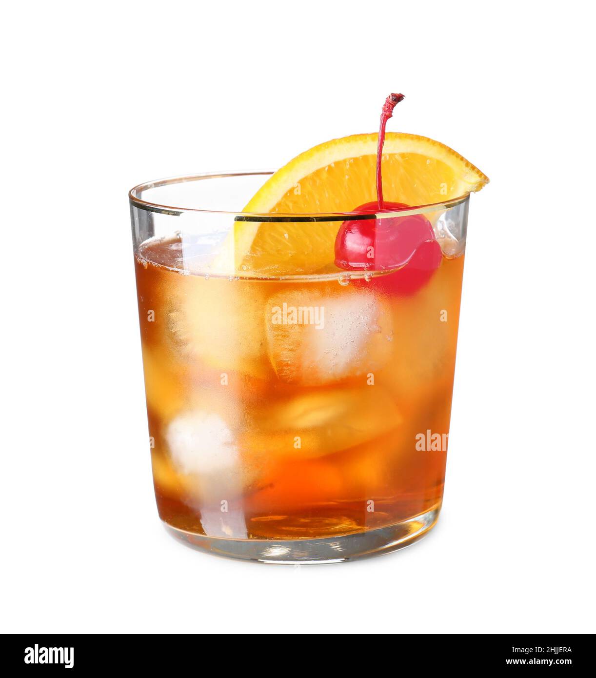 Glass of delicious Old Fashioned Cocktail on white background Stock