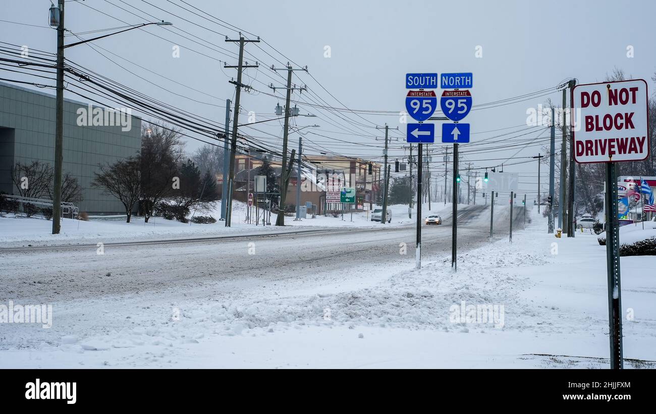 NORWALK, CT, USA JANUARY 29, 2022 Empty Post Road as powerful Winter
