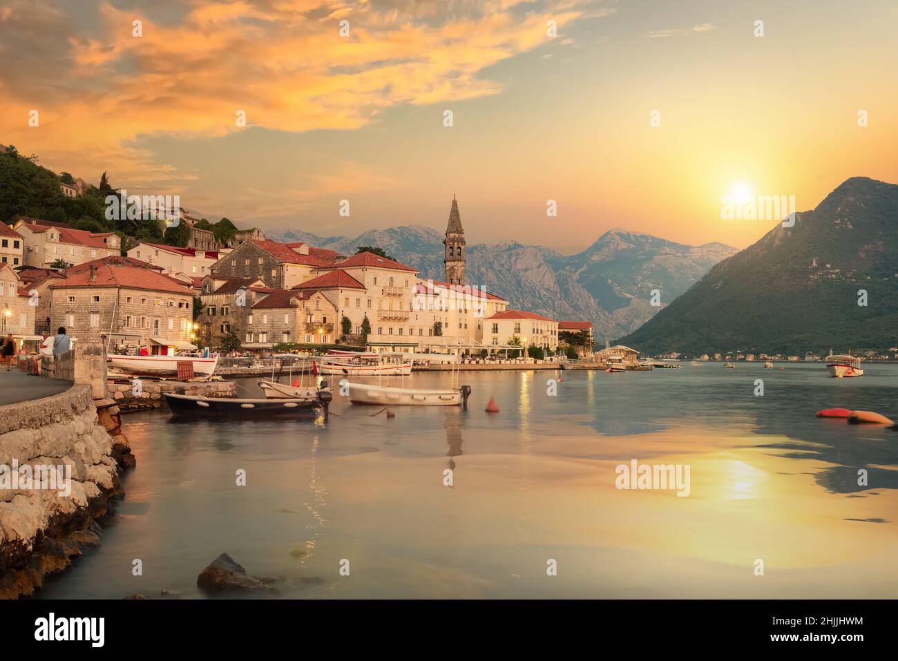 Historic city of Perast in the Bay of Kotor in summer at sunset Stock Photo