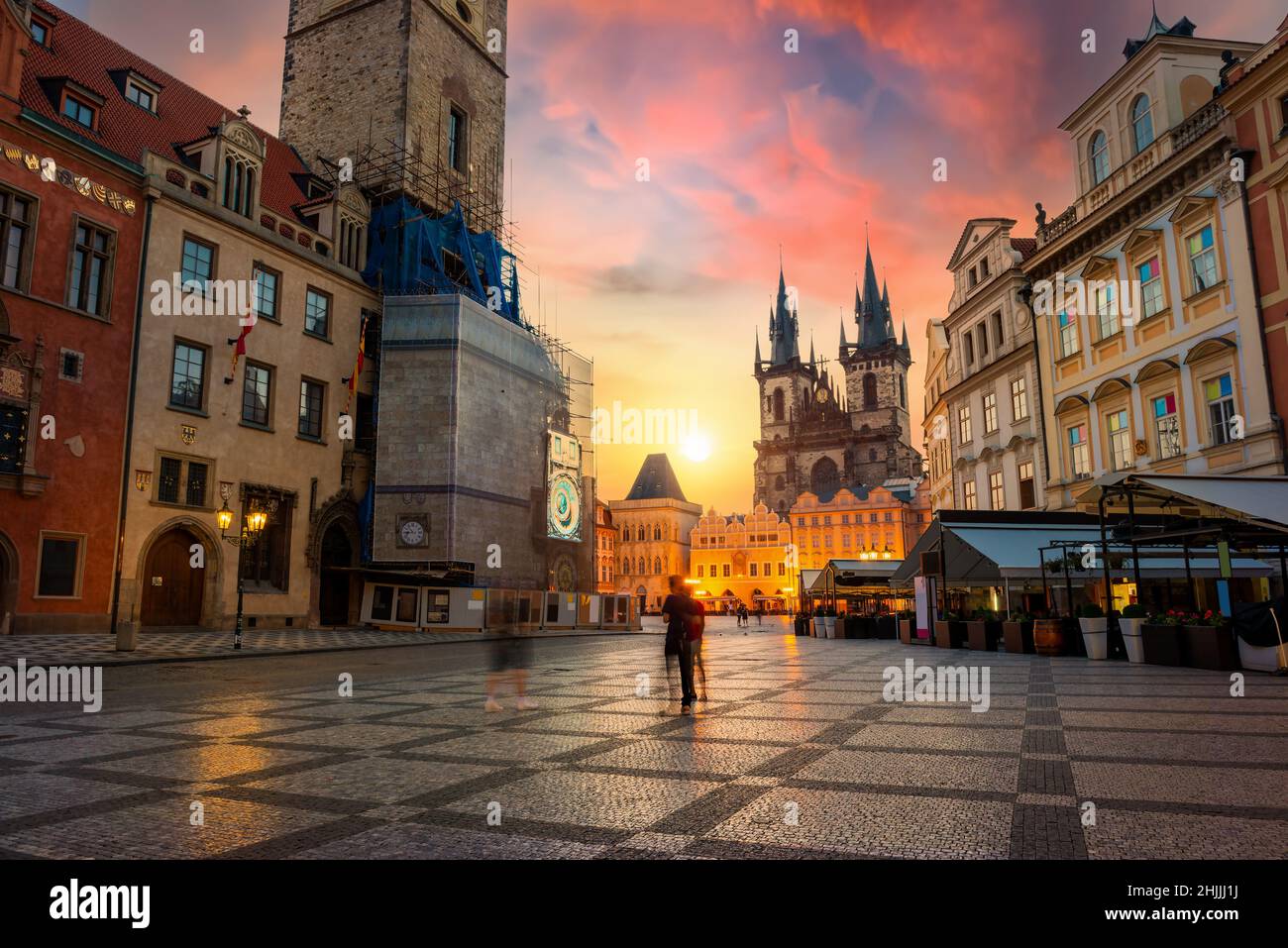 Prague Old Town square illuminated in early morning Stock Photo