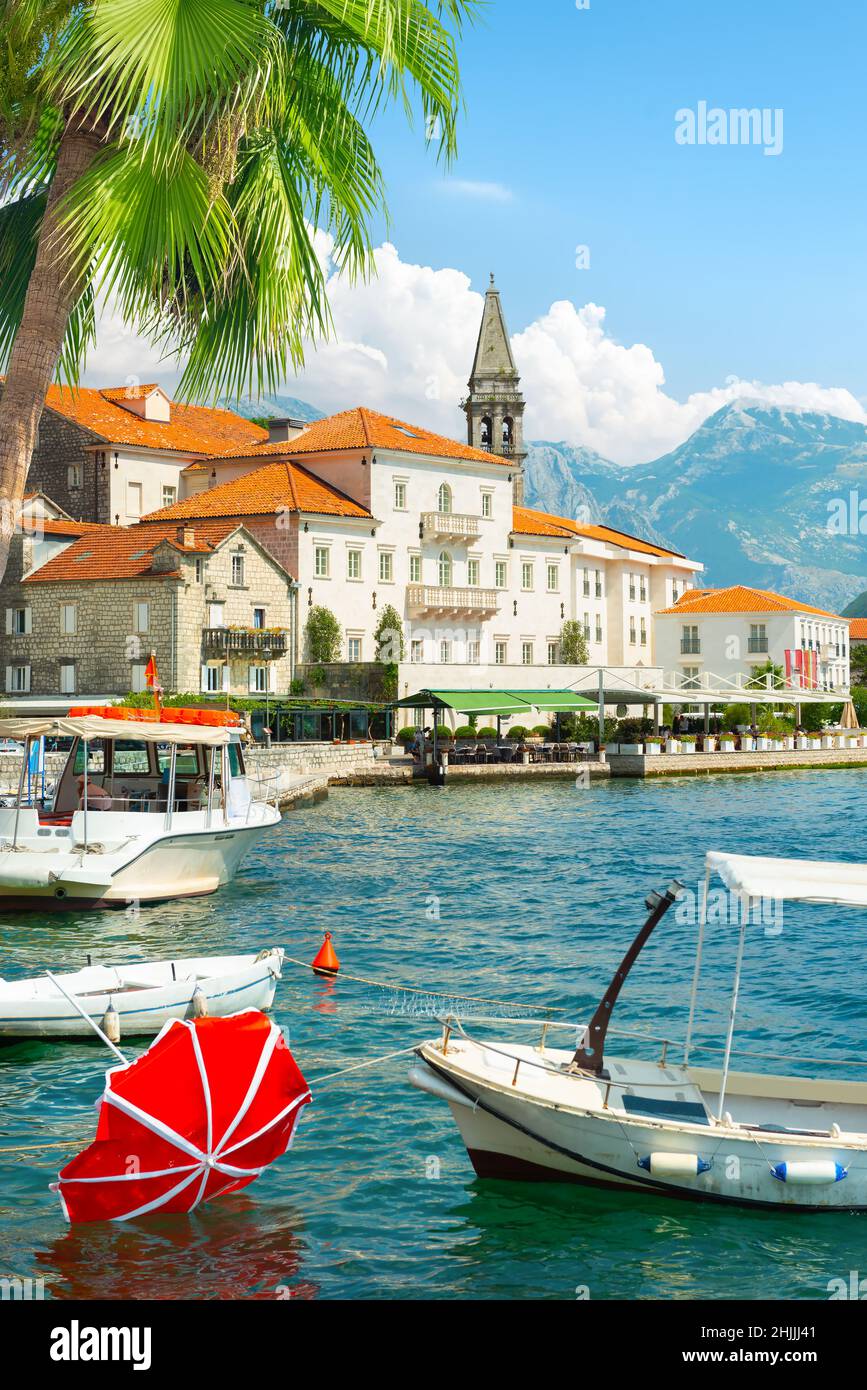 Famous Perast bell tower in sunny summer day Stock Photo