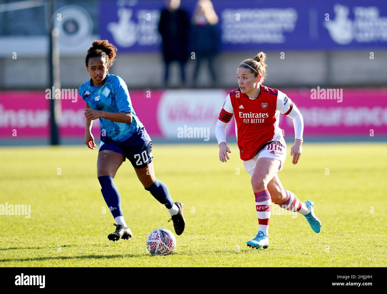 Arsenal's Kim Little (right) and London City Lionesses' Atlanta Primus battle for the ball during the Vitality Women's FA Cup fourth round match at Meadow Park, London. Picture date: Sunday January 30, 2022. Stock Photo