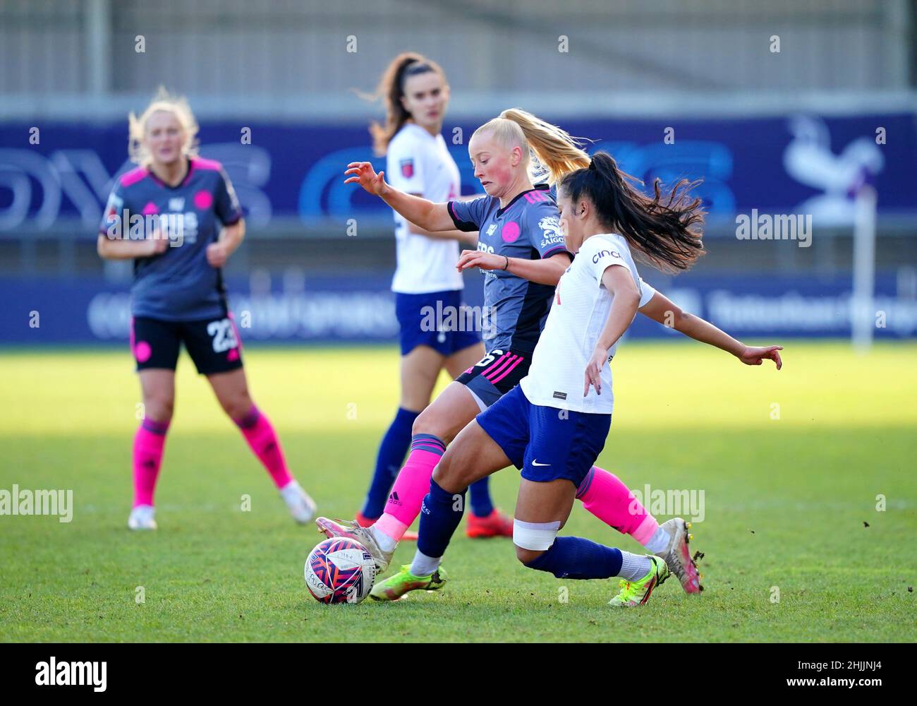 Tottenham Hotspur's Asmita Ale (right) and Leicester City's Freya Gregory battle for the ball during the Vitality Women's FA Cup fourth round match at The Hive, London. Picture date: Sunday January 30, 2022. Stock Photo
