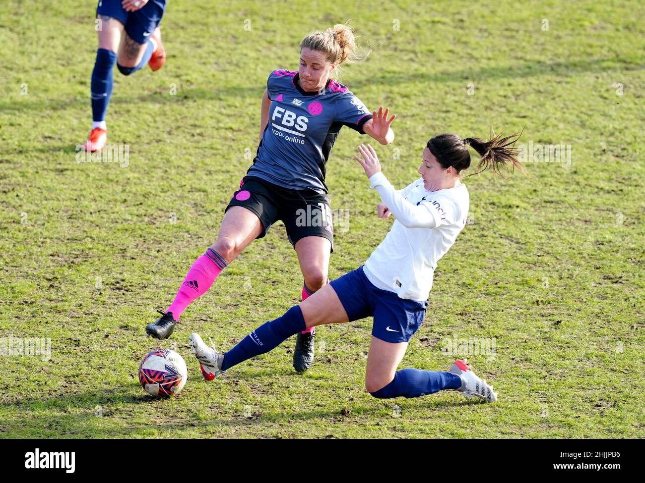 Leicester City's Sophie Howard (left) and Tottenham Hotspur's Maeva Clemaron battle for the ball during the Vitality Women's FA Cup fourth round match at The Hive, London. Picture date: Sunday January 30, 2022. Stock Photo