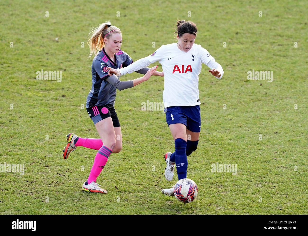 Tottenham Hotspur's Maeva Clemaron (right) and Leicester City's Molly Pike battle for the ball during the Vitality Women's FA Cup fourth round match at The Hive, London. Picture date: Sunday January 30, 2022. Stock Photo