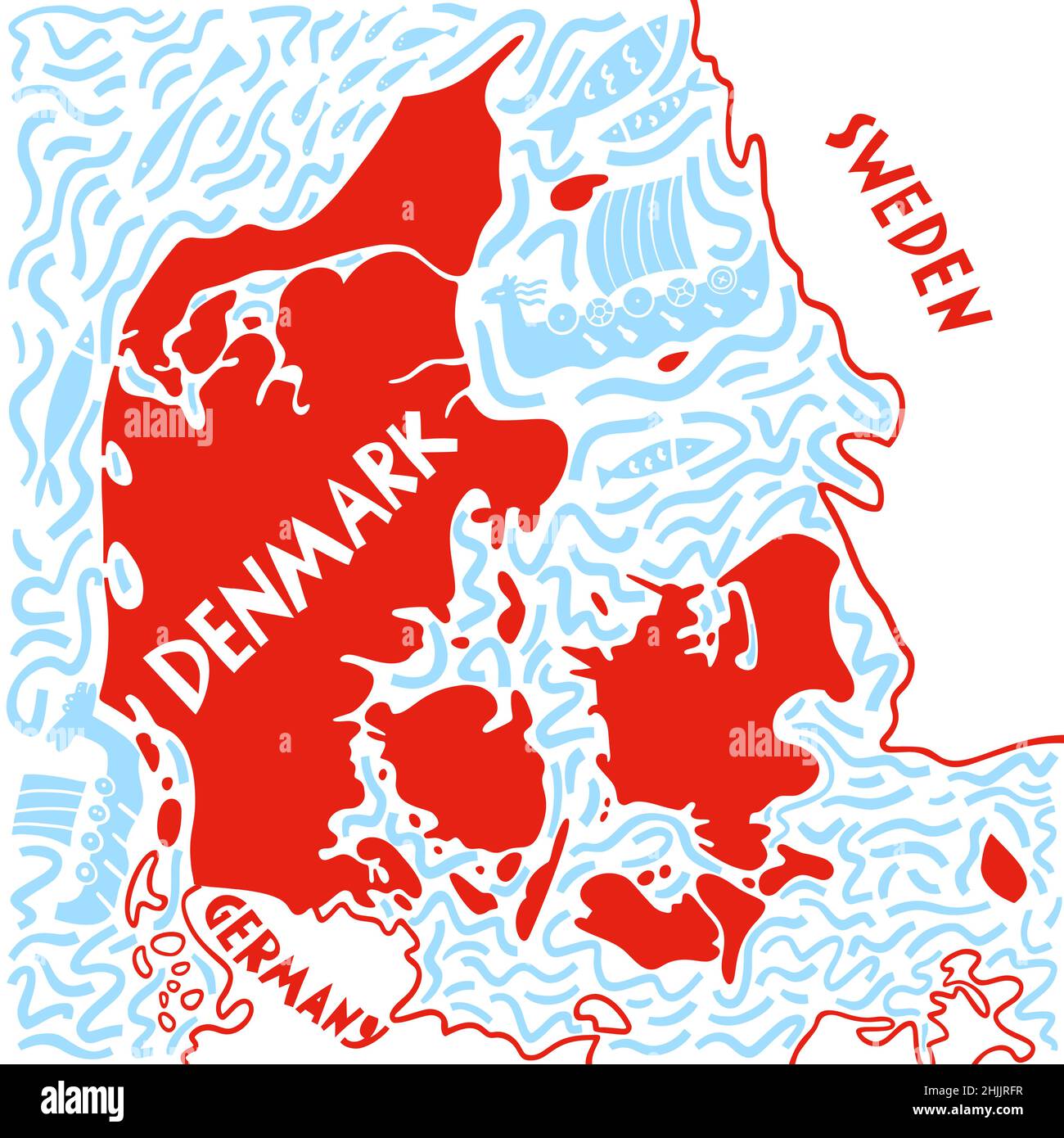 Vector hand drawn stylized map of Denmark neighboring countries. Travel illustration. Kingdom of Denmark geography illustration. Europe map element Stock Vector