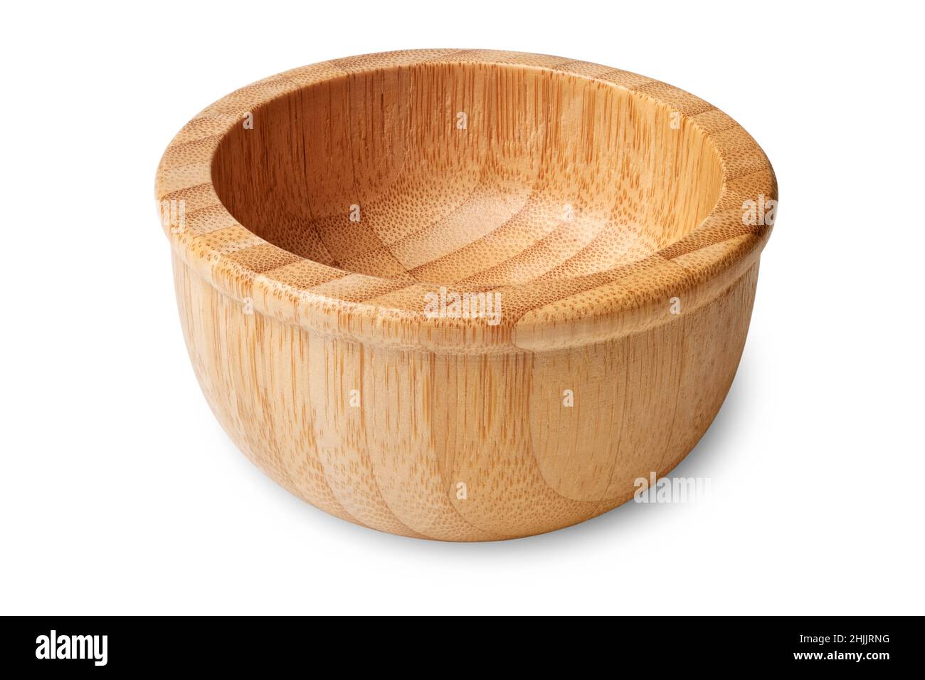 Isolated objects: empty wooden bowl, traditional kitchen utensil, on white background Stock Photo