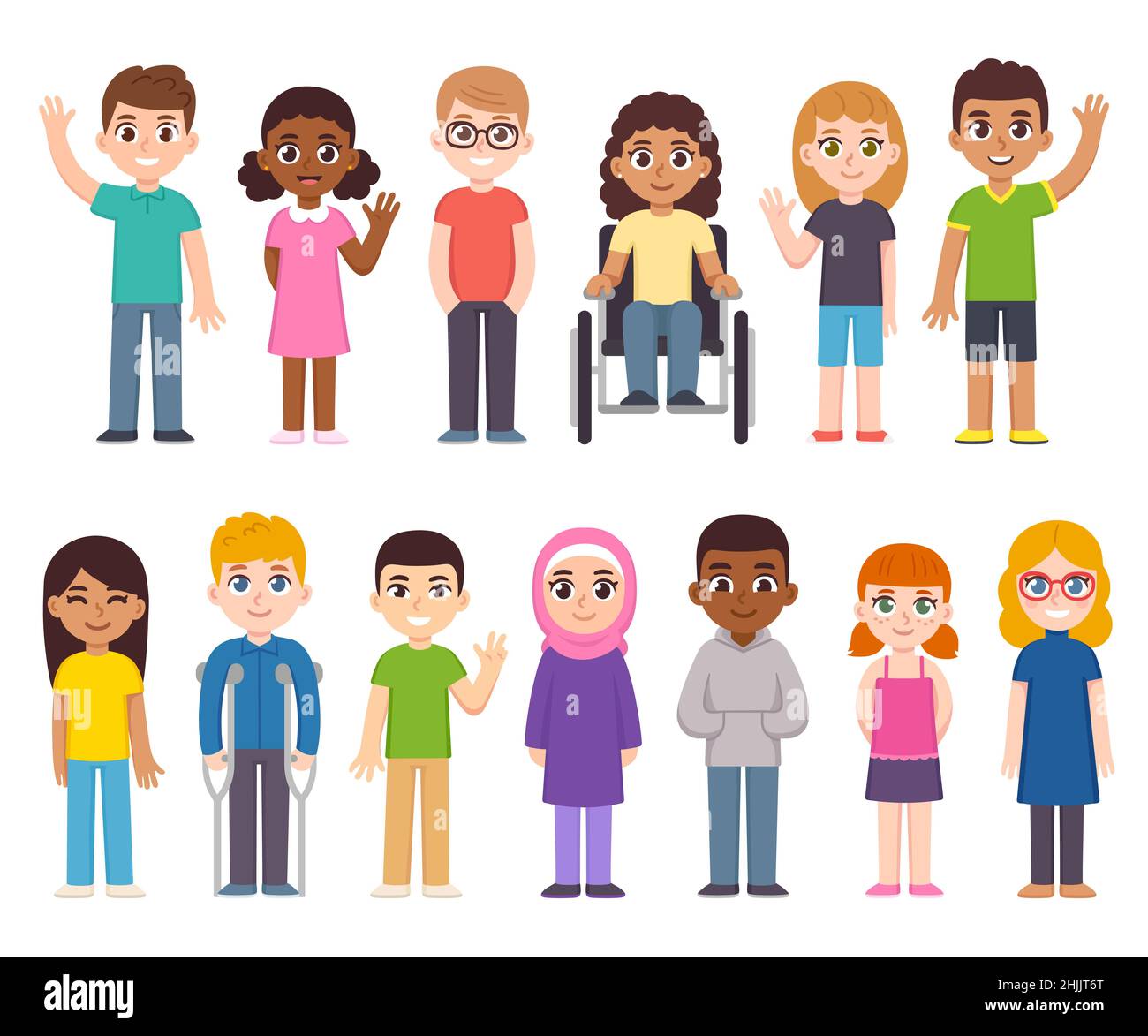 Cute cartoon diverse children group. Kids of different countries and skin color, disabled child inclusion. Vector clip art illustration set. Stock Vector