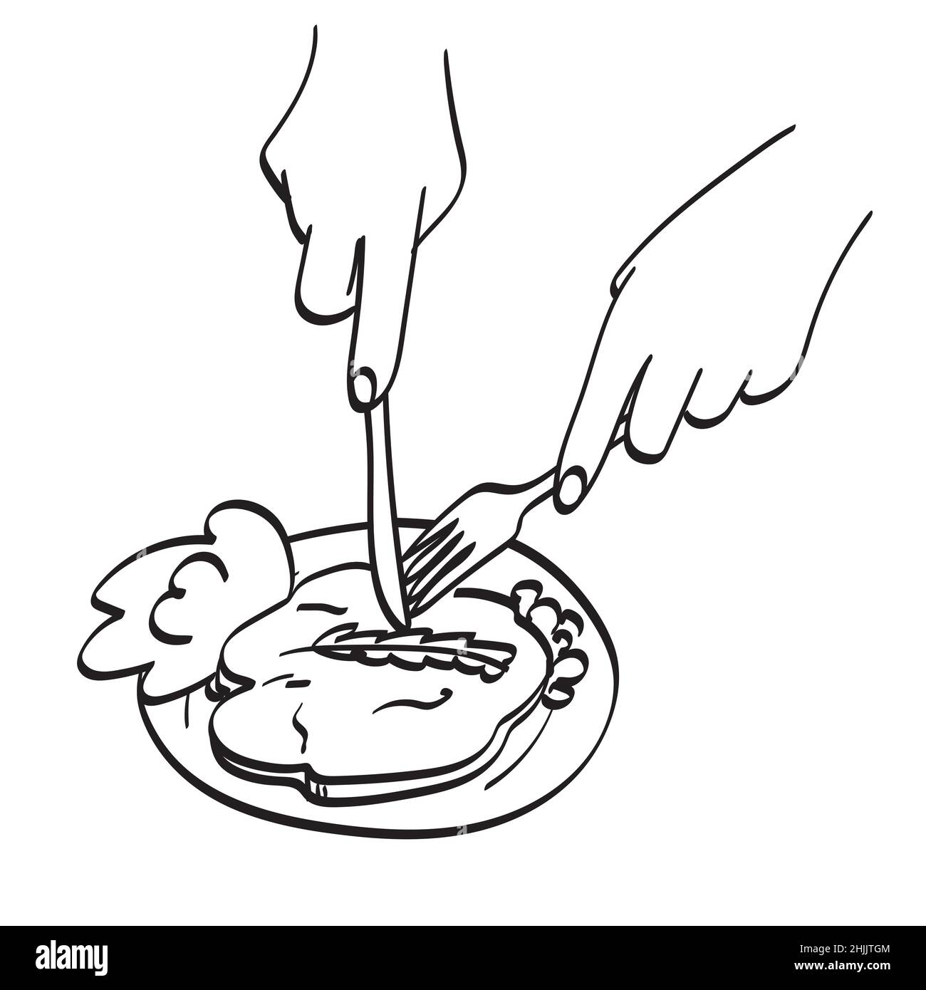 hand holding fork and knife to eat steak illustration vector hand drawn