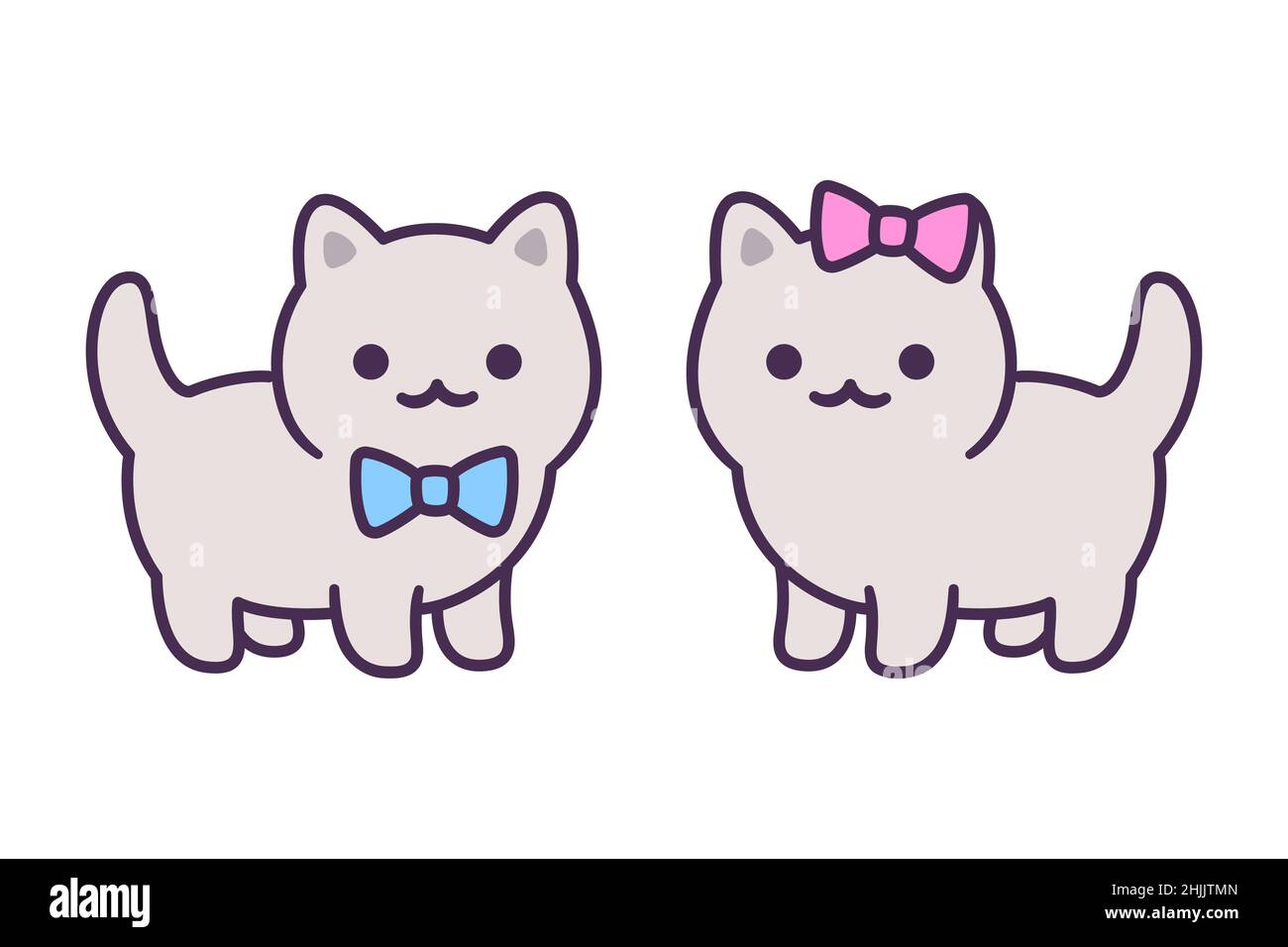 Cute cartoon baby kitten couple, boy and girl with blue and pink bow. Kawaii male and female cat icon. Vector illustration for wedding or baby gender Stock Vector