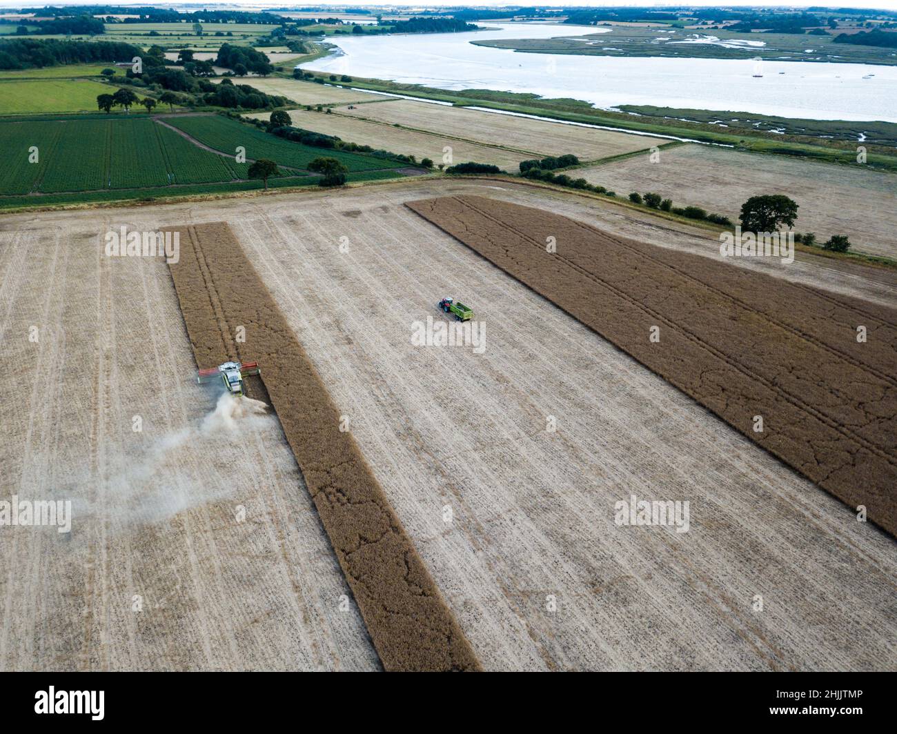 Woodbridge Suffolk UK 29 July 2021 Aerial shot of combine harvesting