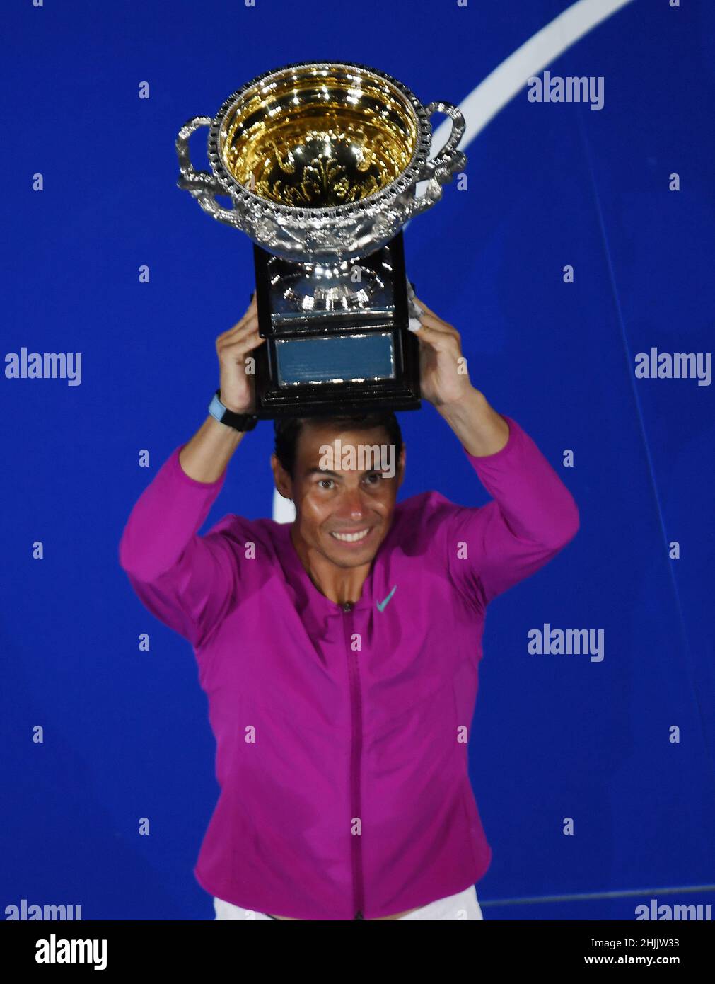 Melbourne, Australia. 30th Jan, 2022. Australian Open Melbourne Park Day 14 30/01/2022 Mens Singles Final Rafa Nadal (ESP) with Norman Brookes Trophy after he wins a record 21st Grand Slam title Credit: Roger Parker/Alamy Live News Stock Photo
