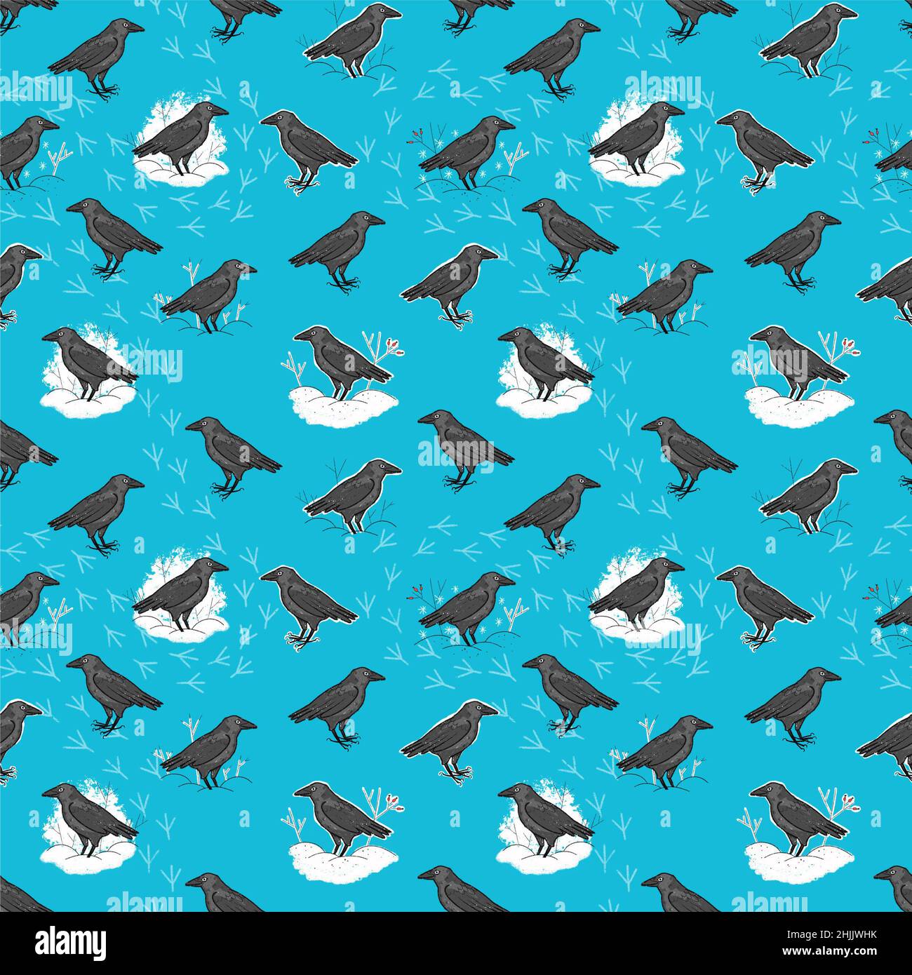Seamless Pattern with cute crows or ravens in winter. Stock Photo