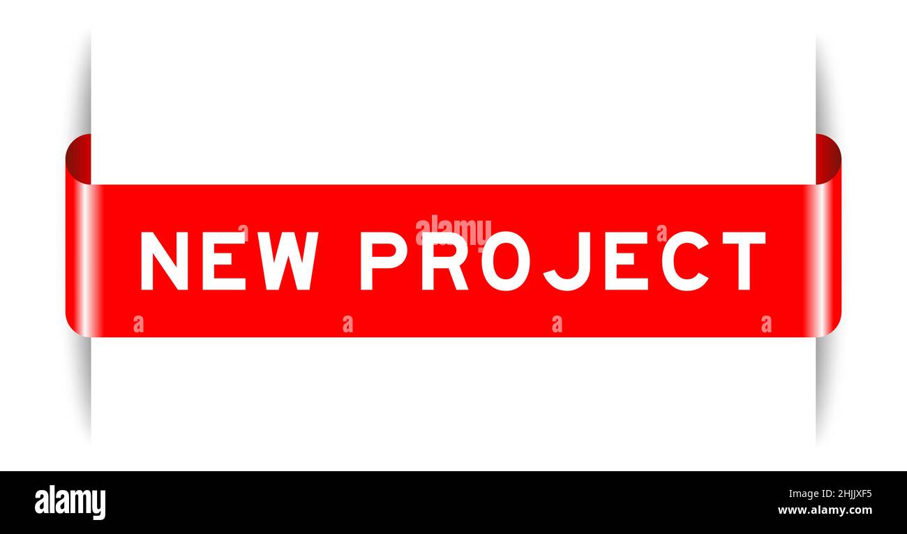 Red color inserted label banner with word new project on white ...
