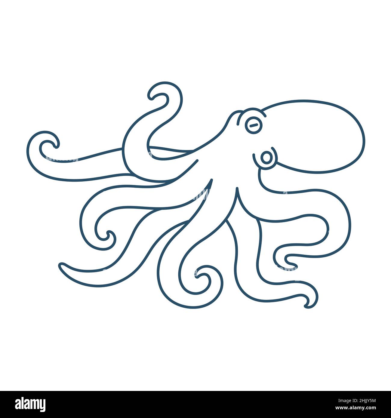 Octopus line art drawing. Simple design for print or logo. Isolated vector illustration. Stock Vector