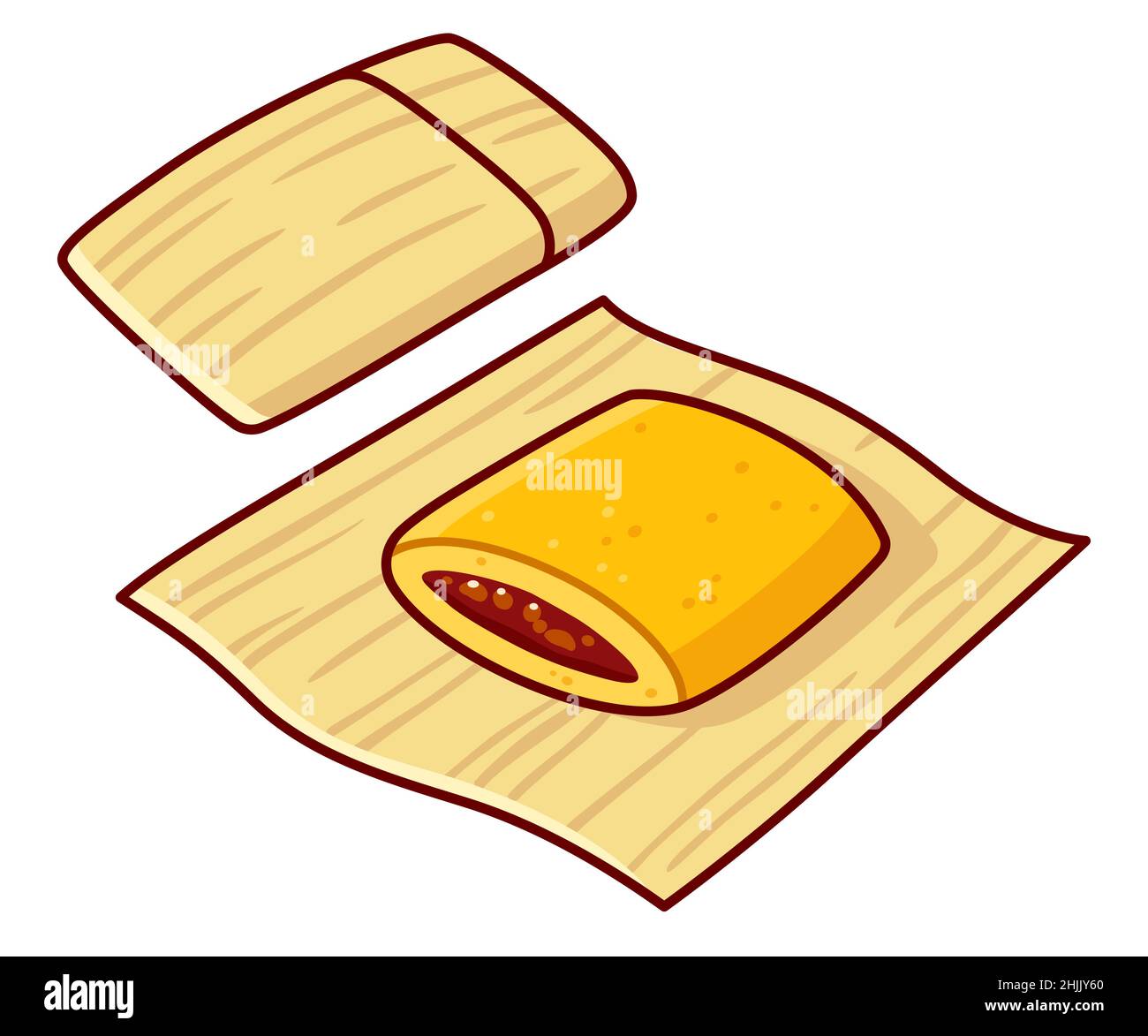 Tamale, traditional Mexican food, stuffed with meat and wrapped in corn leaf. Cartoon drawing, isolated vector clip art illustration. Stock Vector