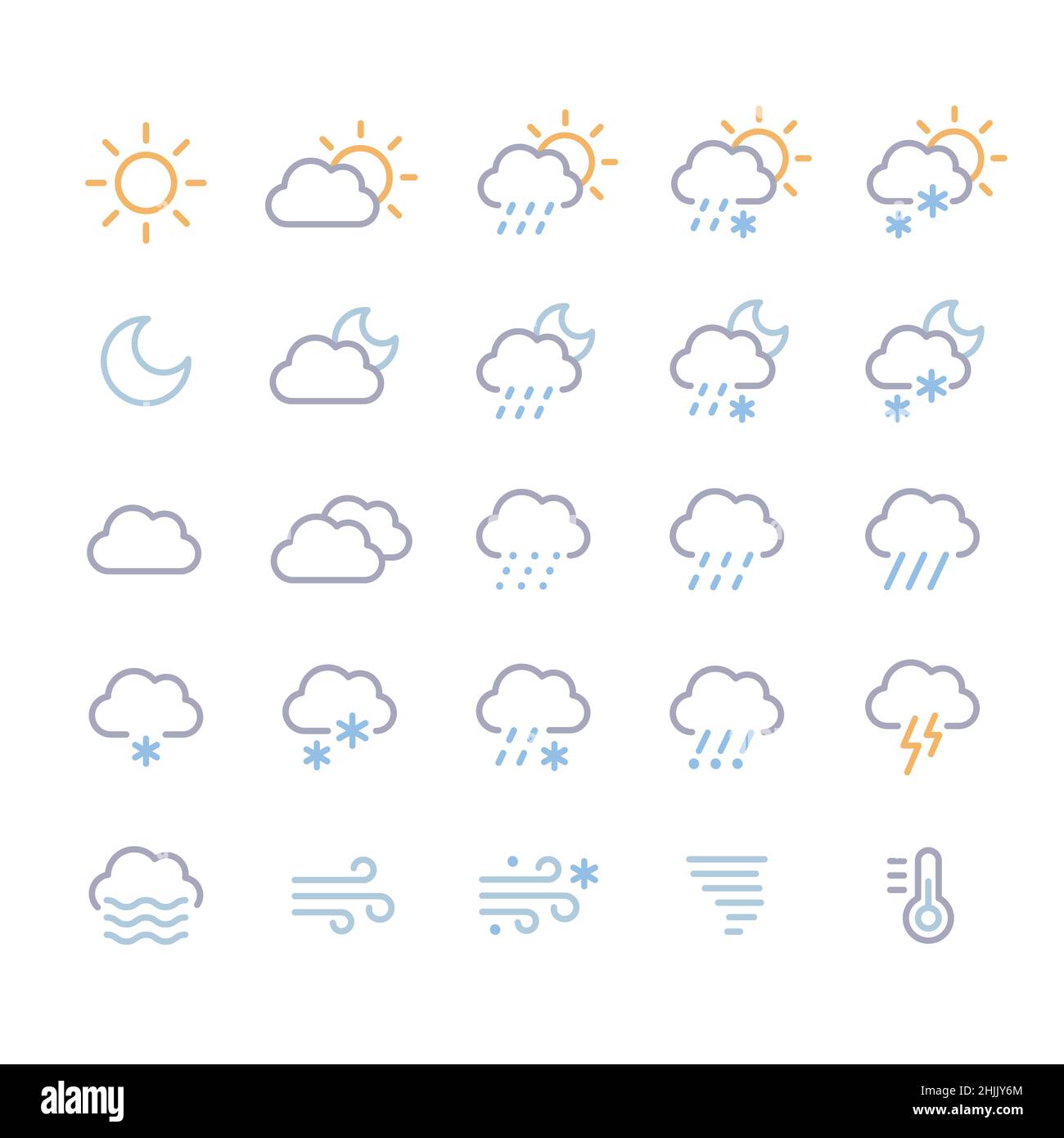 Weather forecast icons set. Clouds, precipitation and weather conditions, day and night. Vector colored line icon illustration. Stock Vector