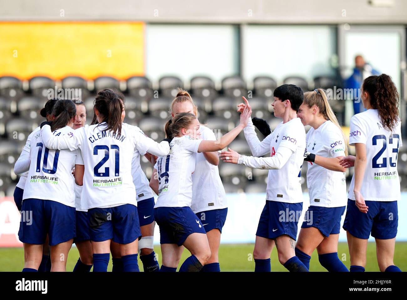 Tottenham Hotspur's Angela Addison (centre) celebrates with her team-mates after scoring their side's first goal of the game during the Vitality Women's FA Cup fourth round match at The Hive, London. Picture date: Sunday January 30, 2022. Stock Photo