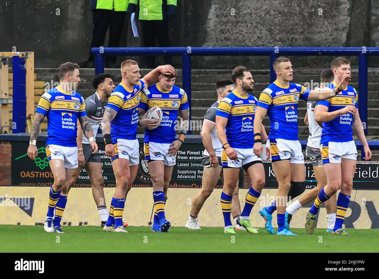 Liam Sutcliffe  of Leeds Rhinos celebrates his try with team mates Stock Photo