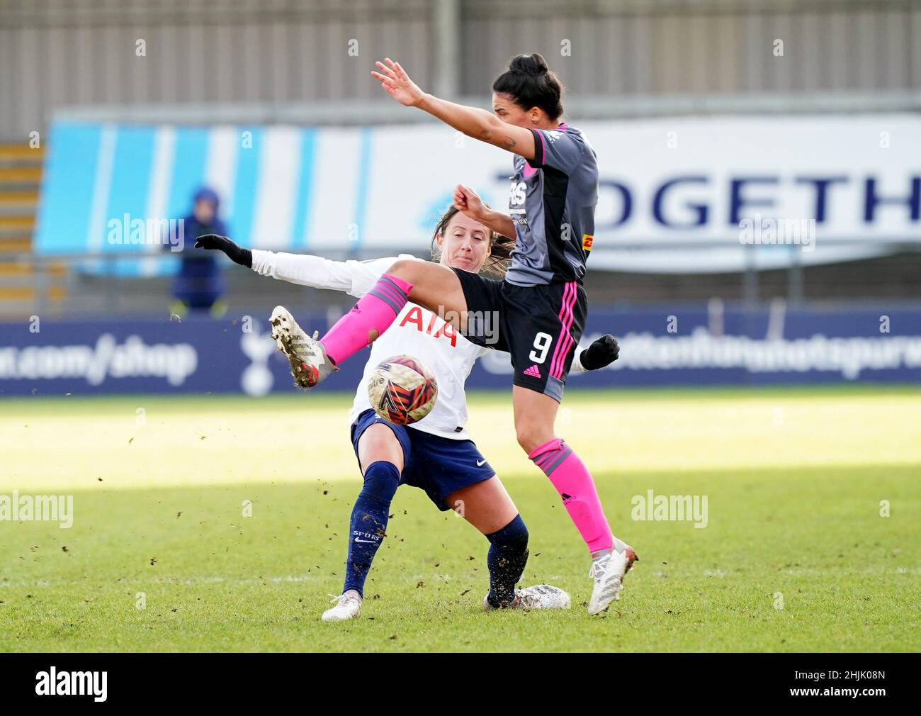 Tottenham Hotspur's Maeva Clemaron (left) and Leicester City's Jessica Sigsworth battle for the ball during the Vitality Women's FA Cup fourth round match at The Hive, London. Picture date: Sunday January 30, 2022. Stock Photo