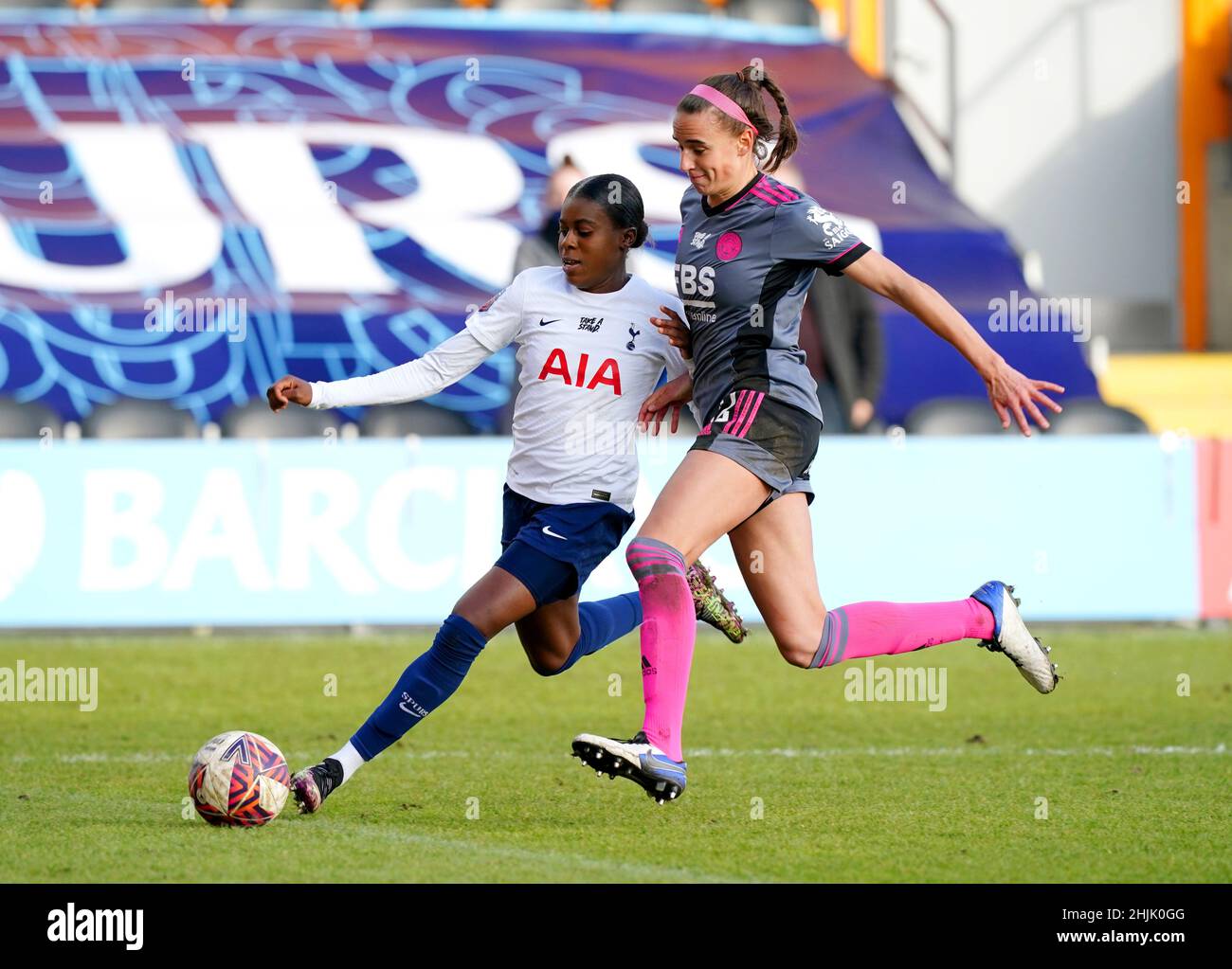Tottenham Hotspur's Jessica Naz (left) and Leicester City's Ashleigh Plumptre battle for the ball during the Vitality Women's FA Cup fourth round match at The Hive, London. Picture date: Sunday January 30, 2022. Stock Photo
