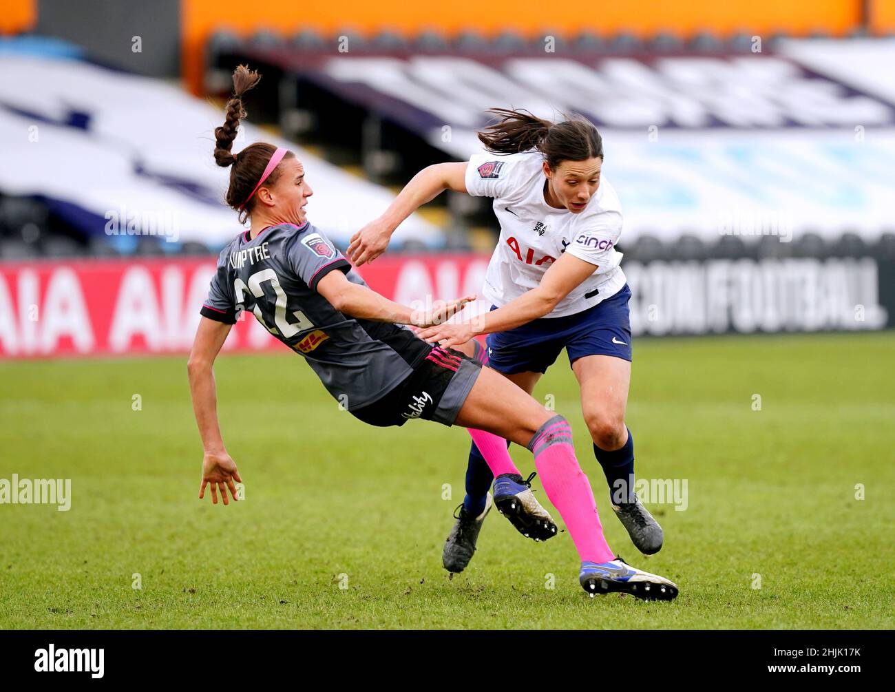 Leicester City's Ashleigh Plumptre (left) goes down after a challenge from Tottenham Hotspur's Rachel Williams during the Vitality Women's FA Cup fourth round match at The Hive, London. Picture date: Sunday January 30, 2022. Stock Photo