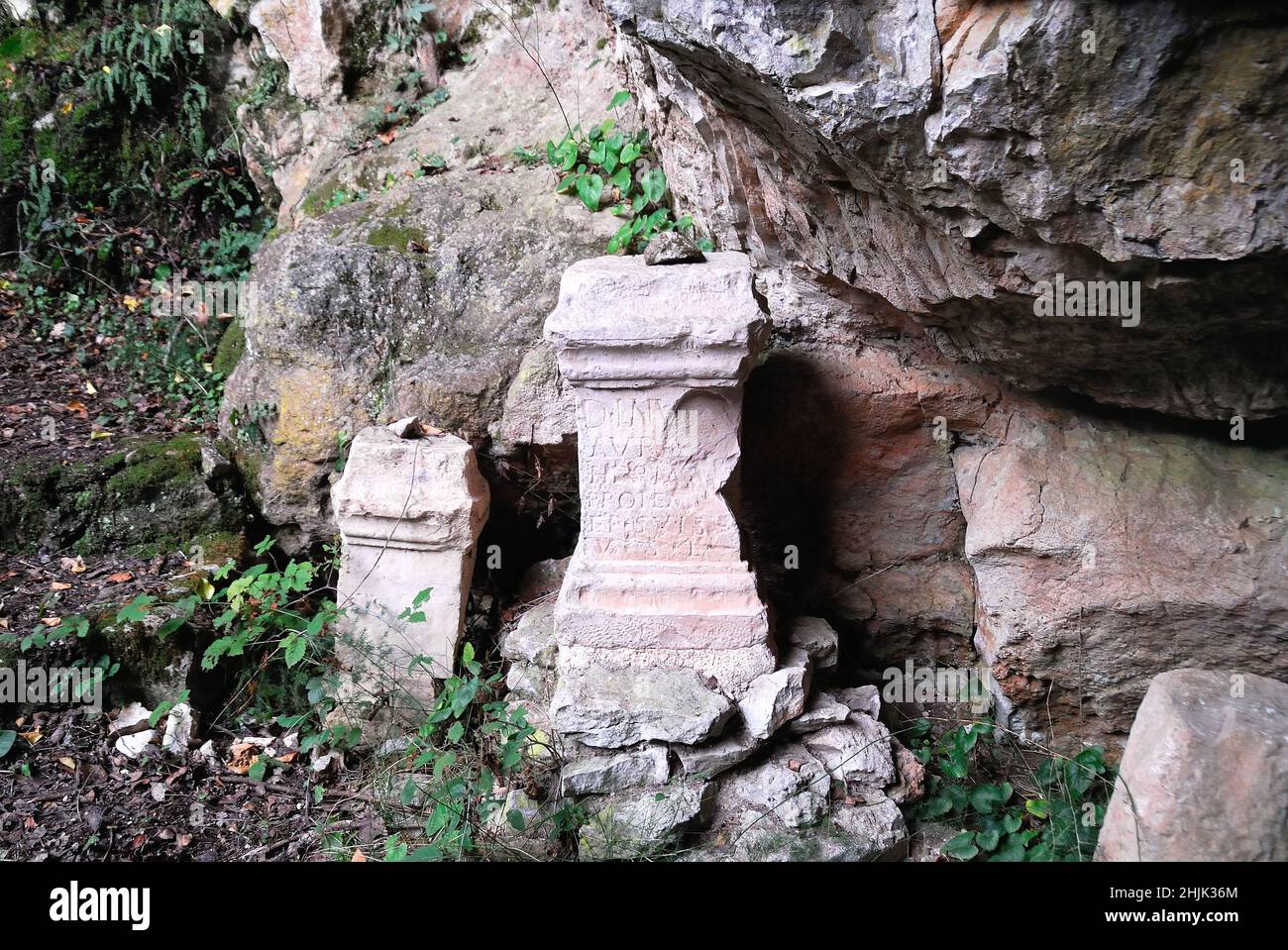 The Duino Mithraeum is a Mithraeum located near Duino, in the province of Trieste, north-eastern Italy. Mithraea were places of worship for the followers of the Roman mystery religion known as the Mithraic Mysteries. Unlike most other Mithraea, the Duino Mithraeum is a natural cave. Stock Photo