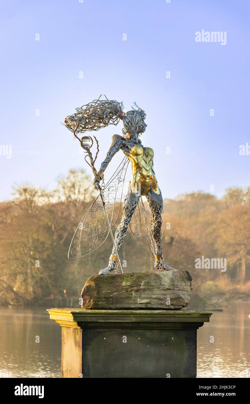 wire sculpture fairy by Robin Wright at Trentham Gardens and lake near