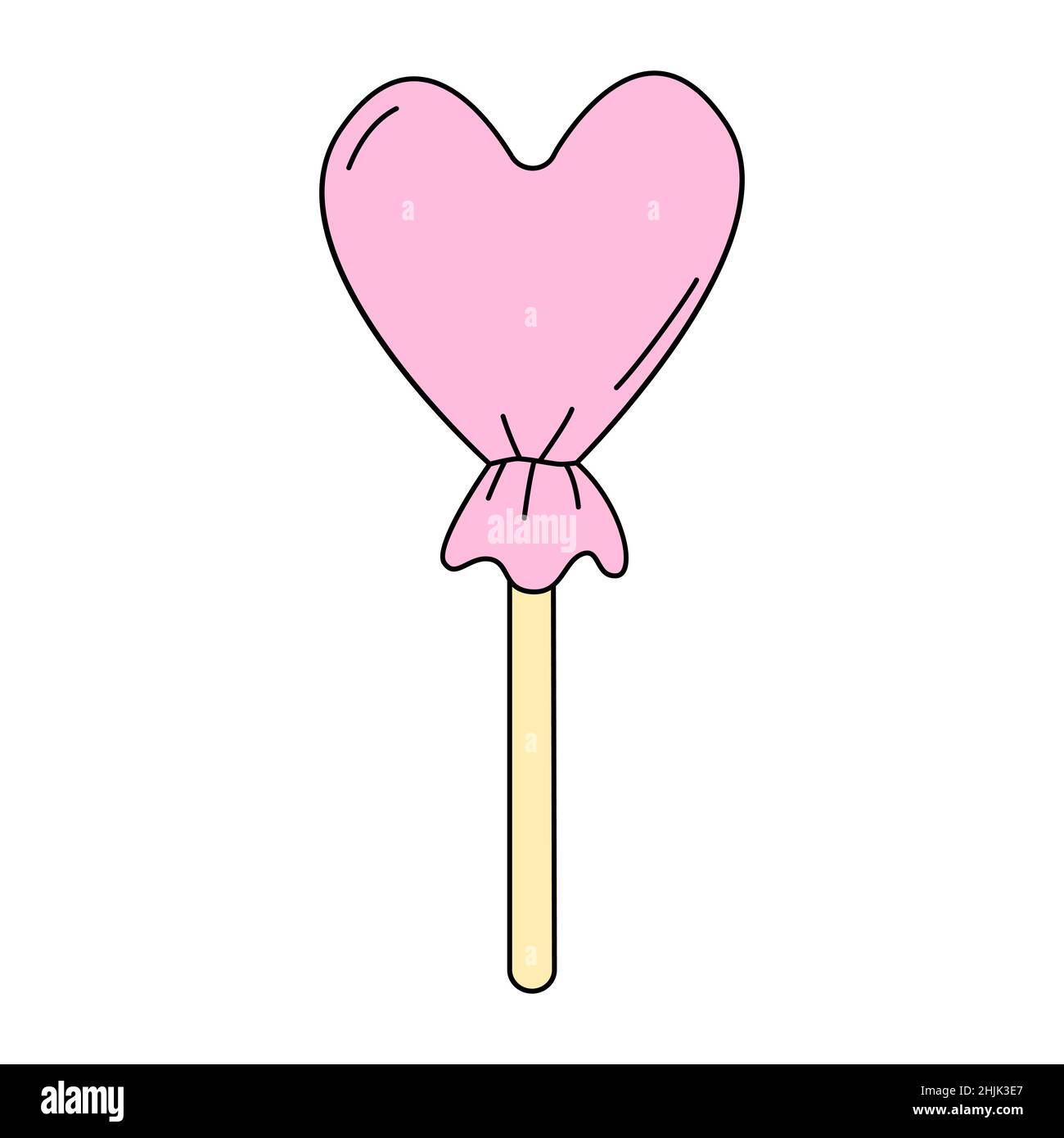 Heart-shaped lollipop in a pink wrapper. Symbol of bonbon for Valentine's Day. Vector illustration in doodle style isolated on white background Stock Vector
