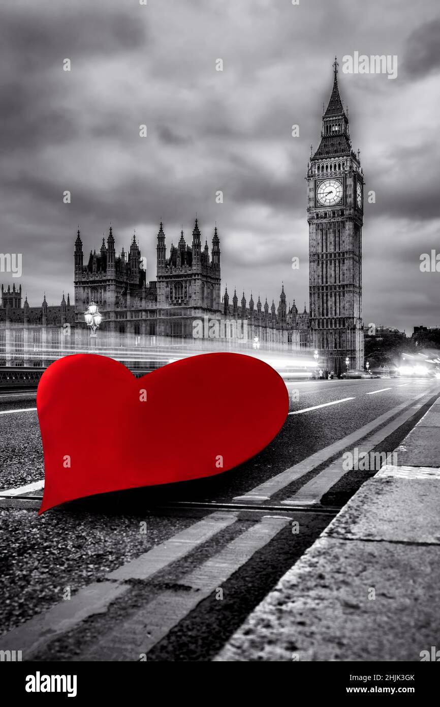 Big Ben against giant heart during Happy Valentine's Day in London, UK Stock Photo