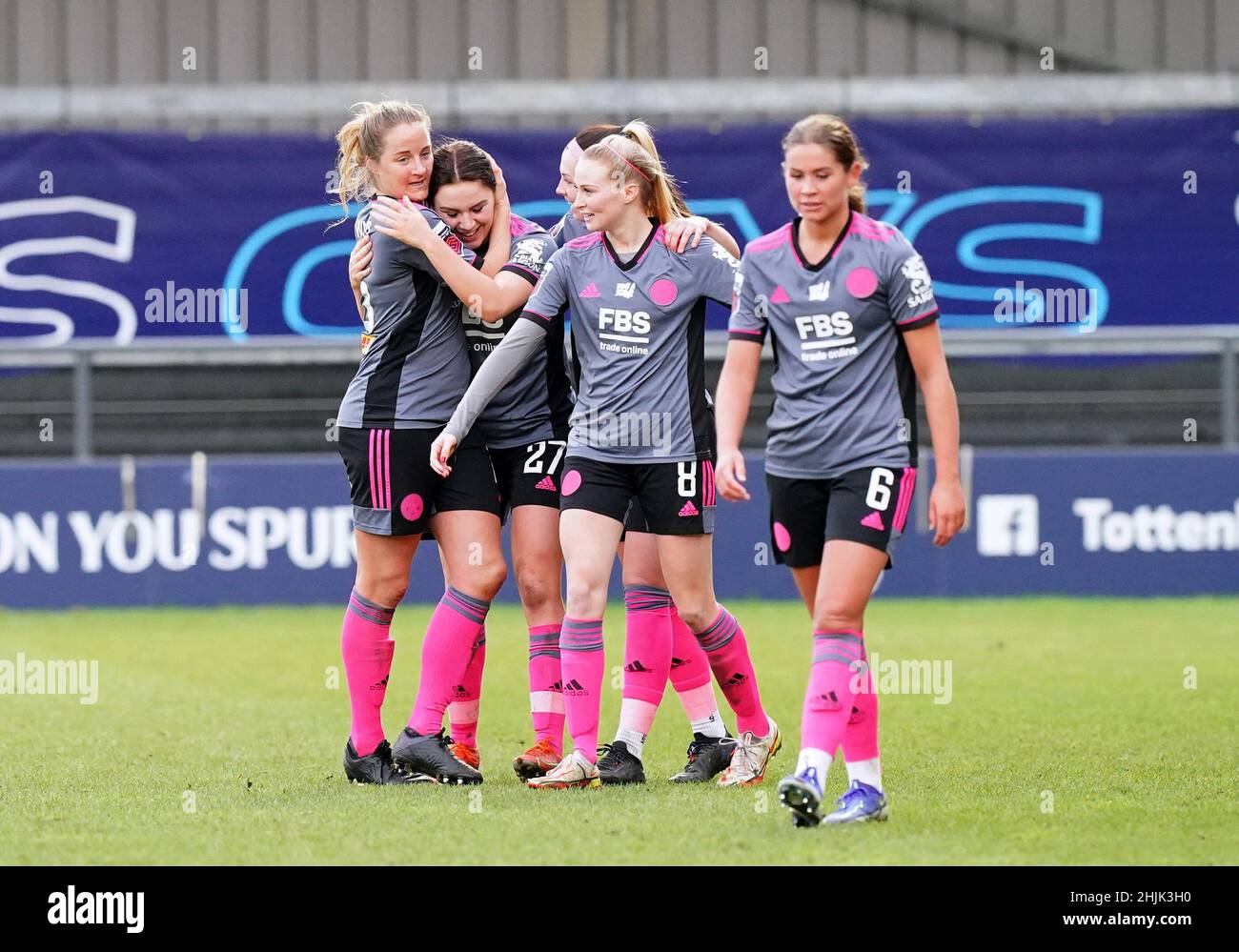 Leicester City's Shannon O'Brien (second left) celebrates with her team-mates after scoring their side's first goal of the game during the Vitality Women's FA Cup fourth round match at The Hive, London. Picture date: Sunday January 30, 2022. Stock Photo