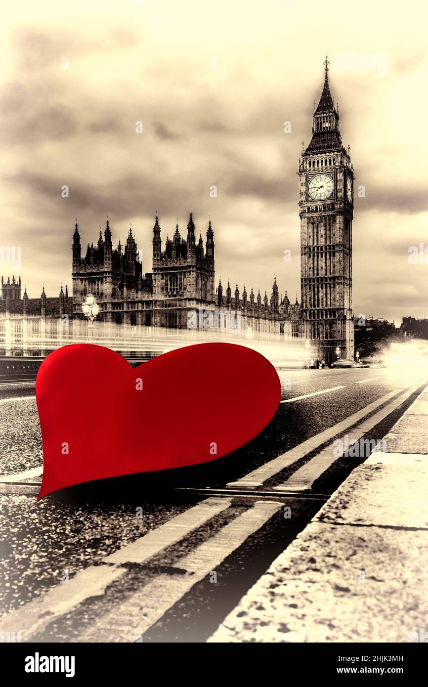Big Ben against giant heart during Happy Valentine's Day in London, UK Stock Photo