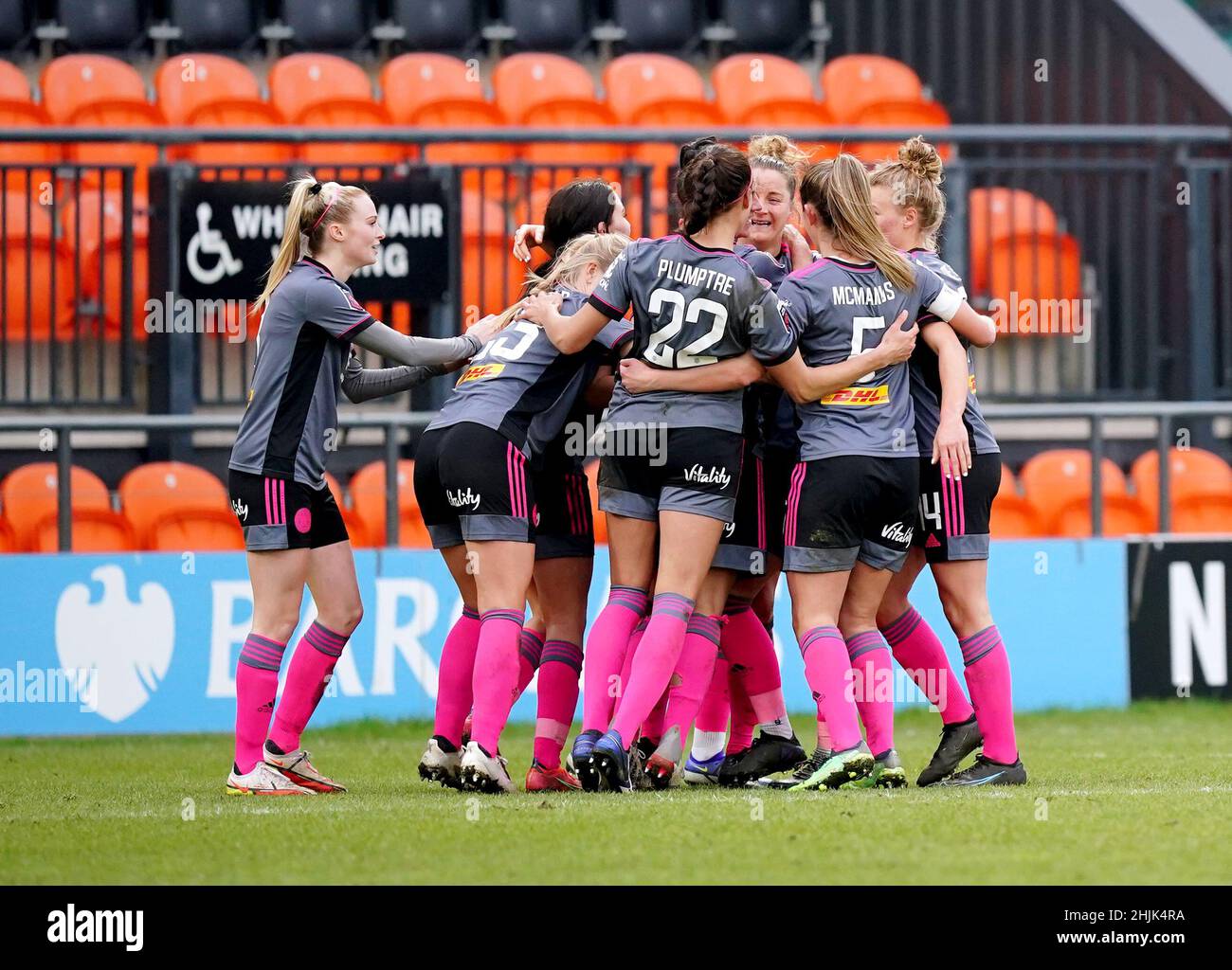 Leicester City's Sophie Howard celebrates with her team-mates after scoring their side's second goal of the game during extra time of the Vitality Women's FA Cup fourth round match at The Hive, London. Picture date: Sunday January 30, 2022. Stock Photo